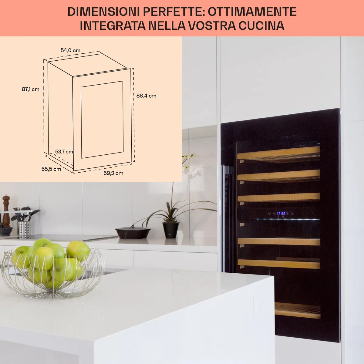 KLARSTEIN Cantinetta Vino Design da Incasso, Refrigerata a Zona Doppia per Vino Rosso, Bianco e Birra, Controlli Touch, Frigo per Esterno/Interno, 132L, 35 Bottiglie