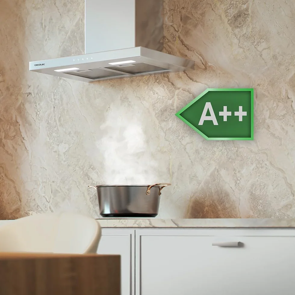 Cecotec Cappa aspirante 60 cm Tipo T Bolero Flux TT 604000 Inox A++. Aspirazione 393m3/h, motore DC, 3 velocità, SS Touch Control, finitura inossidabile, luce LED, filtri in alluminio e carbonio
