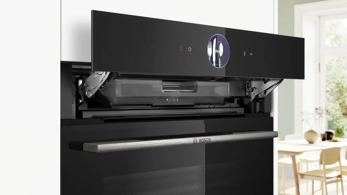 Bosch HRG7764B1, Smarter iQ700 - Forno da incasso con funzione vapore, 60 x 60 cm, prodotto in Germania, pirolisi e idrolisi, termometro per arrosti, Air Fry, schermo a colori touch screen 4D, aria