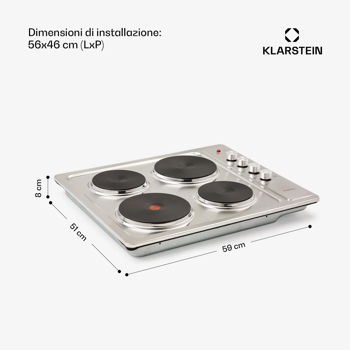 KLARSTEIN Appetito 4 - Piano Cottura a Incasso, 4 Piastre/Zone, 5500 Watt, Indicazione Calore Residuo, Manopole, 6 Livelli di Potenza, Elettrico, Acciaio Inox, Argento
