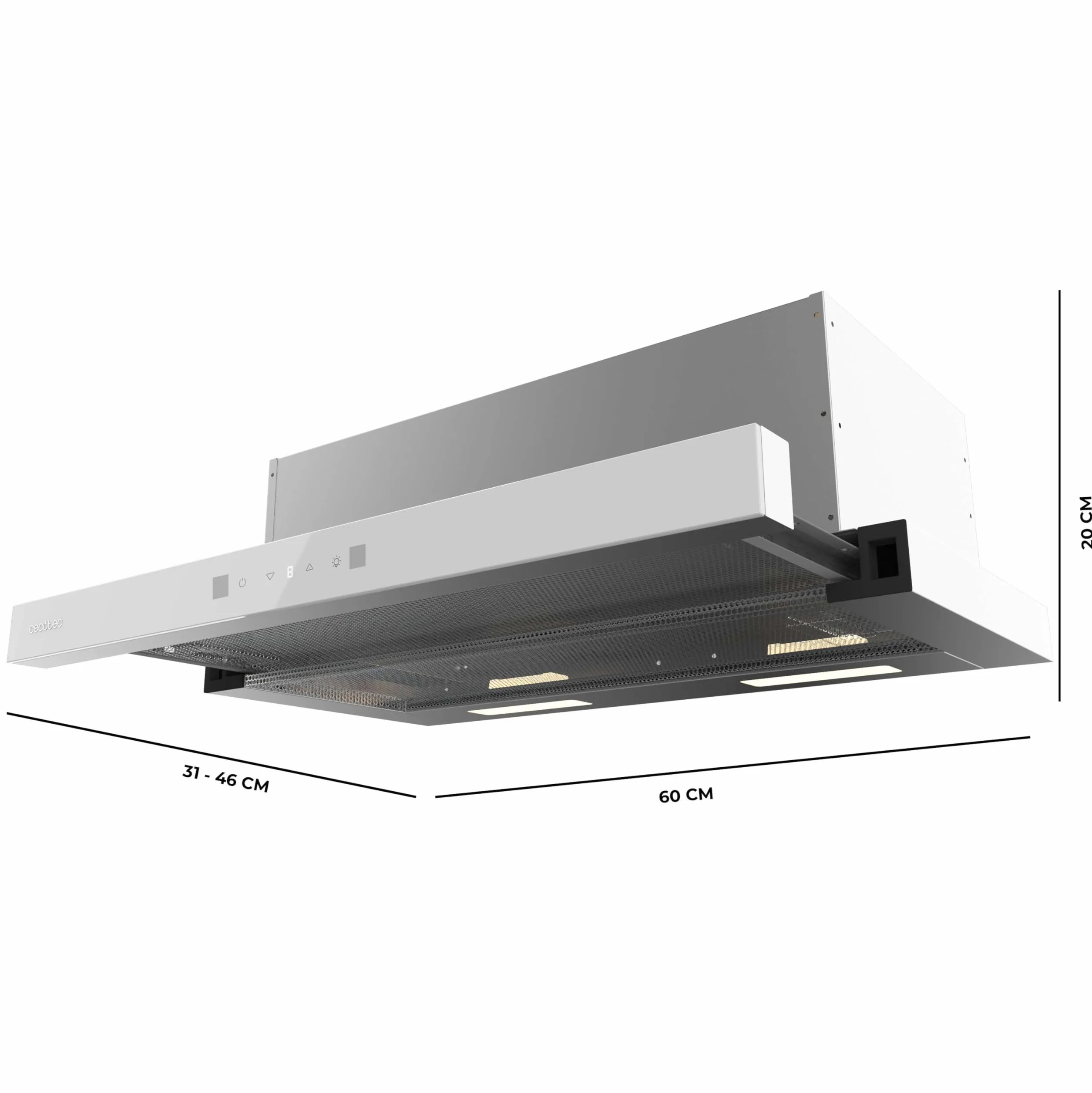 Cecotec Cappa Aspirante 60cm Telescopica Bolero Flux TLT 604400 Glass White A+++. Aspirazione 431,2m³/h, Basso Consumo, Motore DC, Controllo Movimento e Touch, Vetro Frontale Bianco, Acciaio Inox