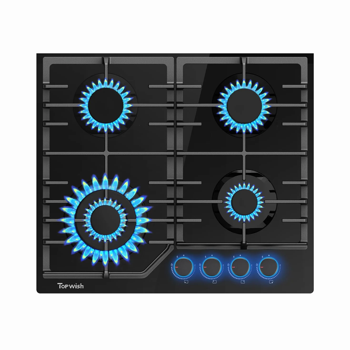 TOPWISH piano cottura gas incasso, piano cottura 4 fuochi gas, con Blu manopole illuminate, NG/LPG convertibile, protezione flame-out, accensione elettronica, 8000 Watt