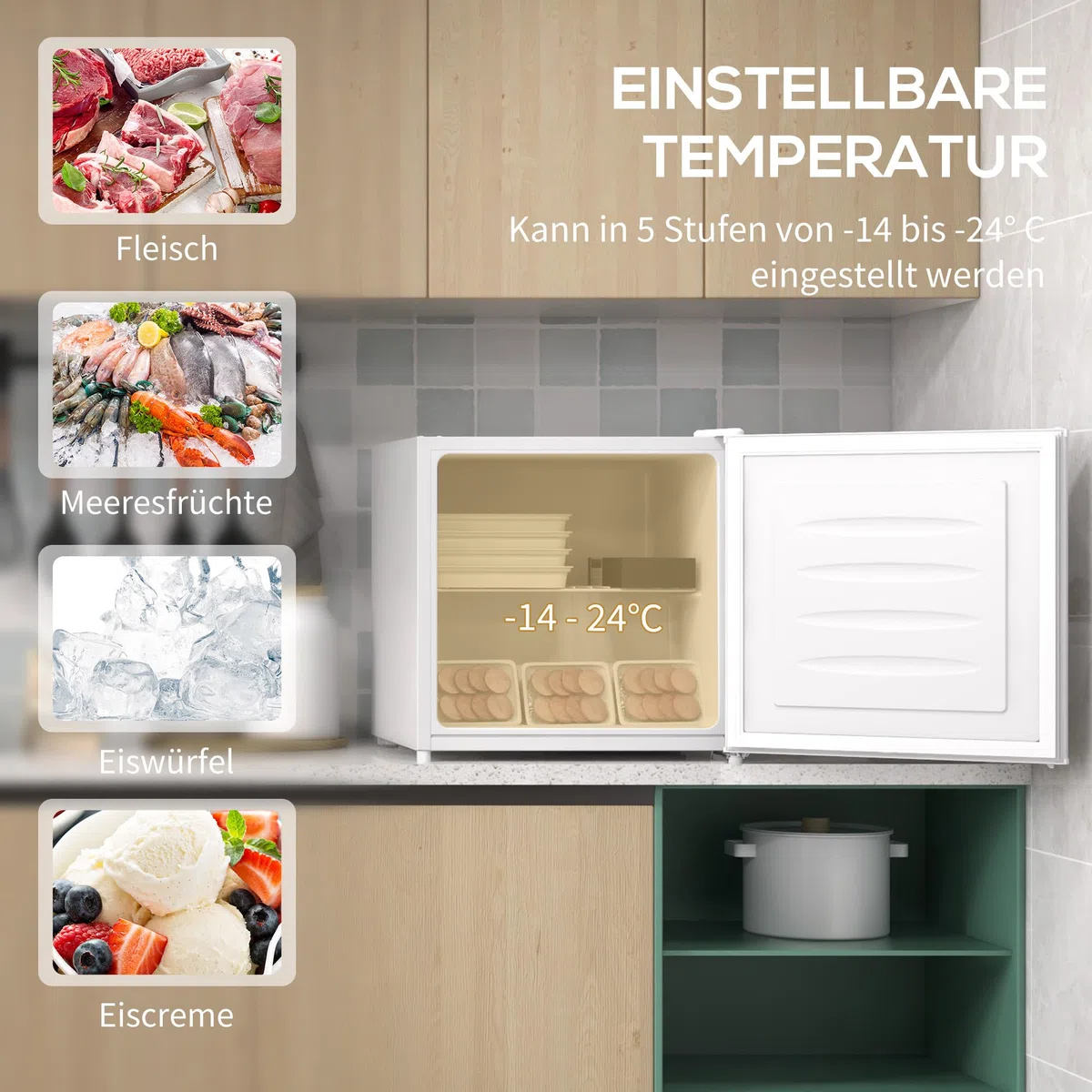 HOMCOM Mini congelatore 35 L box freezer elettrico a libera installazione 45 W mini congelatore mini frigorifero -14 a -24℃ Controllo della temperatura a 5 livelli 47 x 44,2 x 48,8 cm Bianco