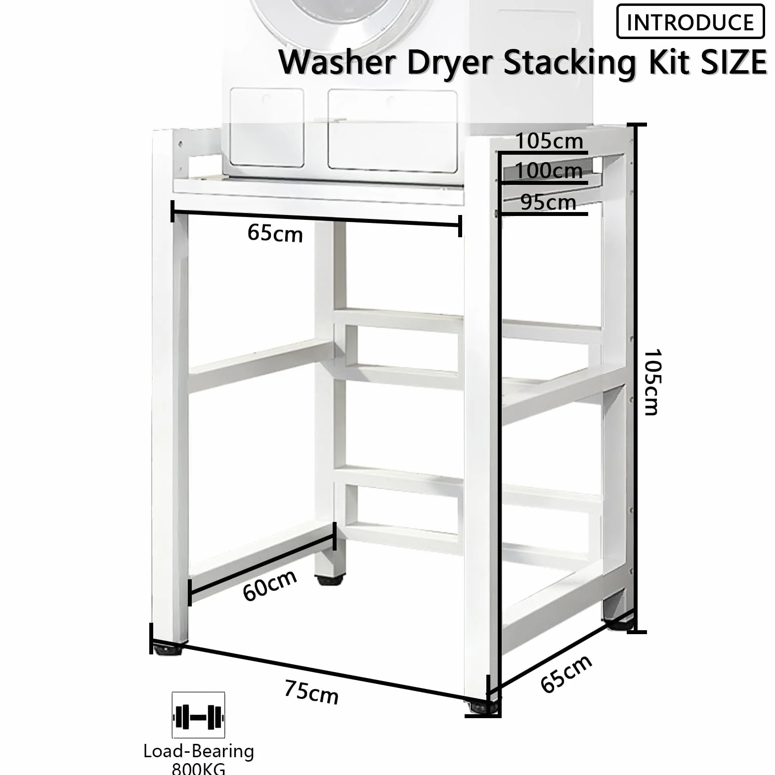 Supporto Asciugatrice Sopra Lavatrice Capacità di Carico 800KG, 3 Regolabile in Altezza Colonne per Lavatrici e Asciugatrici per Bagno/Balcone/Cucina (b-b, 75x65x105cm)