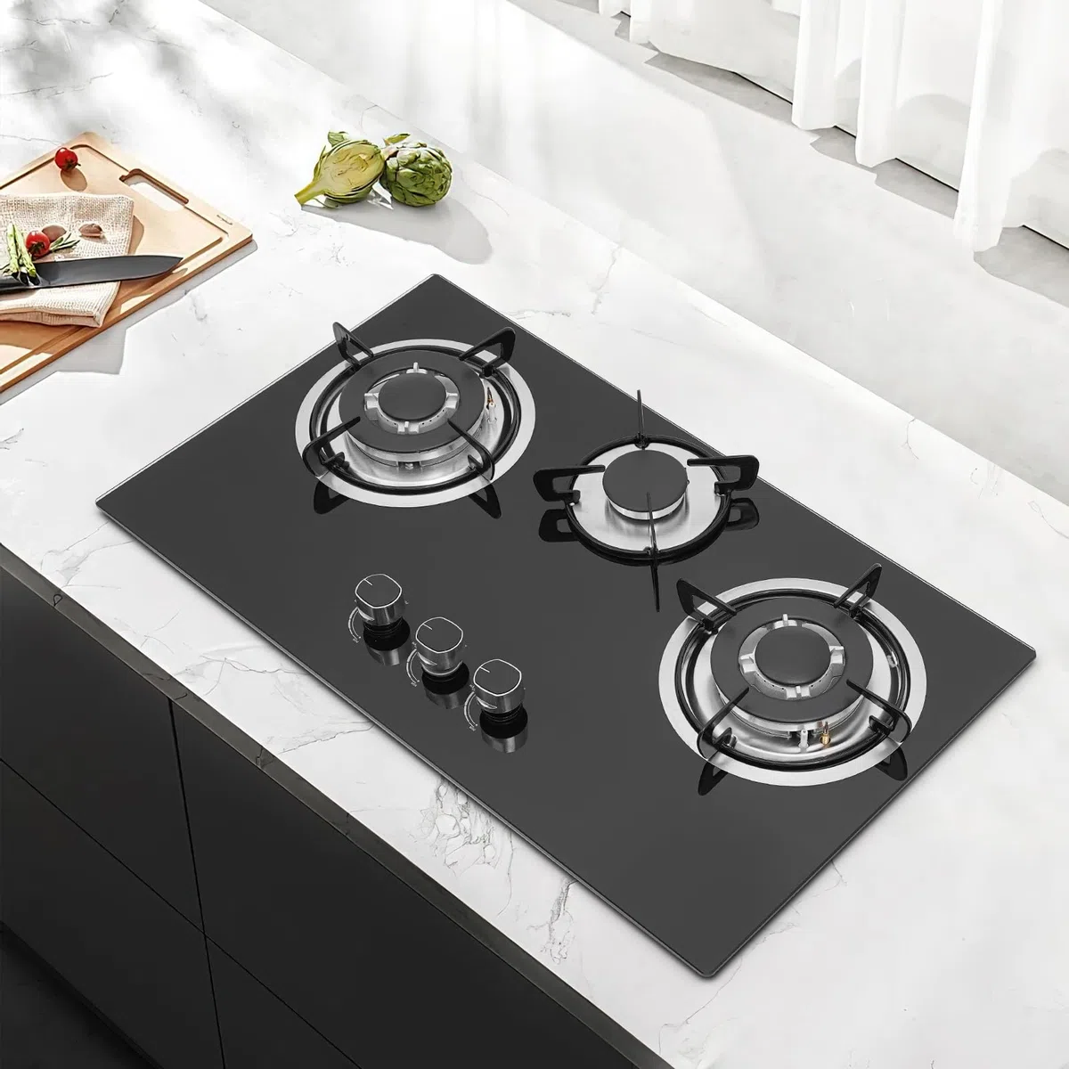 Fornello a gas in vetro da incasso, piano cottura a gas a 3 fuochi Gas Stove, fornello a gas per piani cottura LPG/NG, incluso supporto per pentole, telaio smaltato e testa del forno in alluminio
