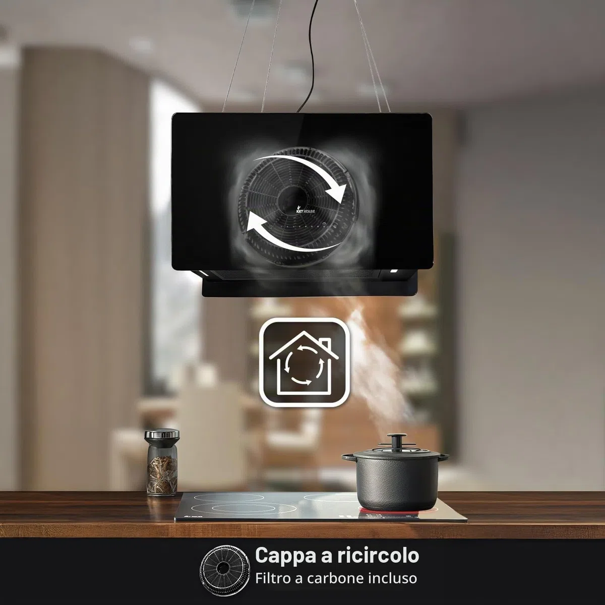KKT KOLBE A+++ CUBE60FB - Cappa aspirante 60 cm, 684 cbm/h, 9 livelli | Smart WiFi App WiFi | Cappa isola sospesa | Montaggio a soffitto | Nero | Vetro | Illuminazione a LED | Ricarica automatica