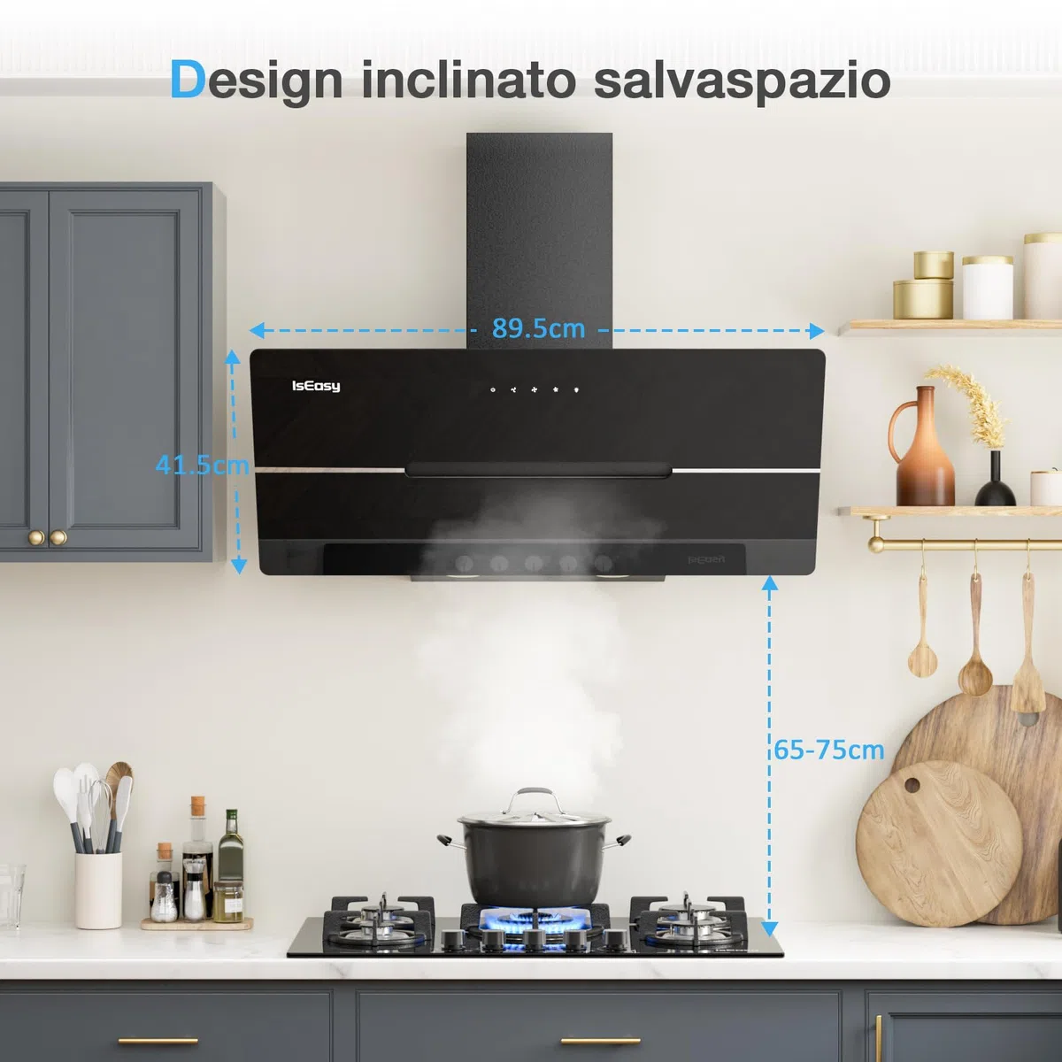 IsEasy Cappa Aspirante 90cm Inclinata, Cappa Cucina di Scarico/Ricircolo con 578 m³/h Forte Potenza di Aspirazione, 3 Livelli di Regolazione, 58 dB, Funzionamento Touch, Nero, Efficienza A++
