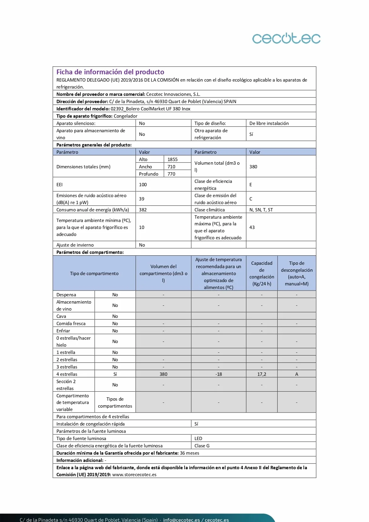 Cecotec Congelatore Verticale Bolero CoolMarket UF 380 Inox, 380 Litri, Motore Inverter Plus, Total No Frost, Display di Controllo, Convertibile in Frigorifero, Acciaio Inox