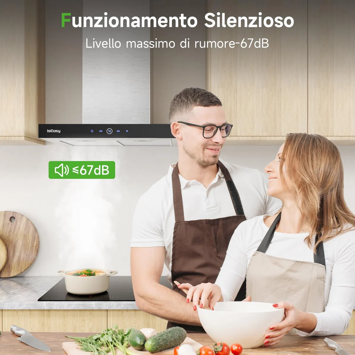IsEasy Cappa Aspirante Inclinata 60 cm, Cappa Cucina con 590m³/h Forte Potenza di Aspirazione, 4 Livelli di Regolazione, 1-9 Minuti di Ritardo di Arresto, 67 dB, Argento, Class A++