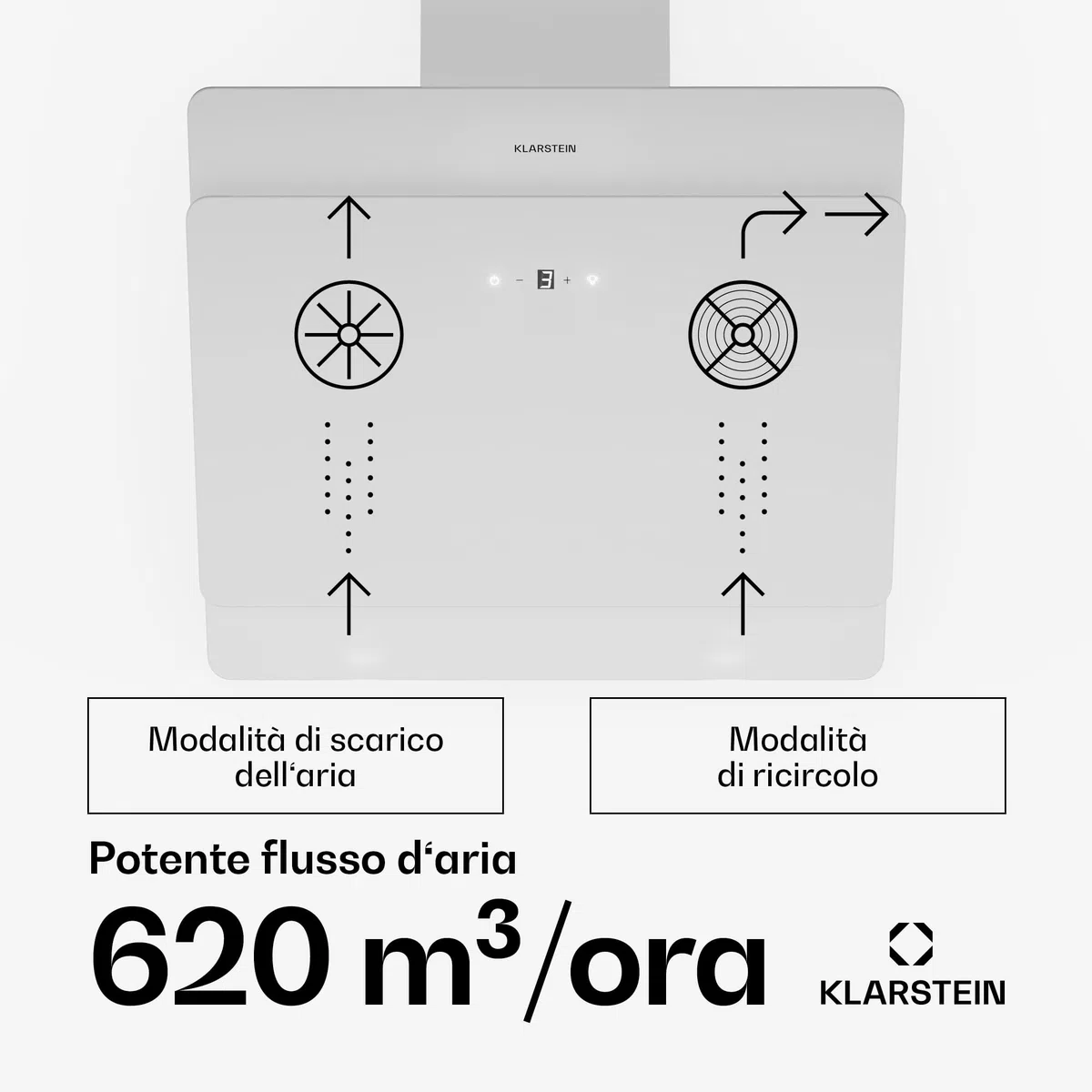 Klarstein Cappa Aspirante 60 cm, Cappa Cucina, Cappa Filtrante in Acciaio Inox, Scarico: 620m³/h, Illuminazione LED, Pannello Touch, Filtro Per Ricircolo, Safety Glass, Classe Energetica B, Bianco