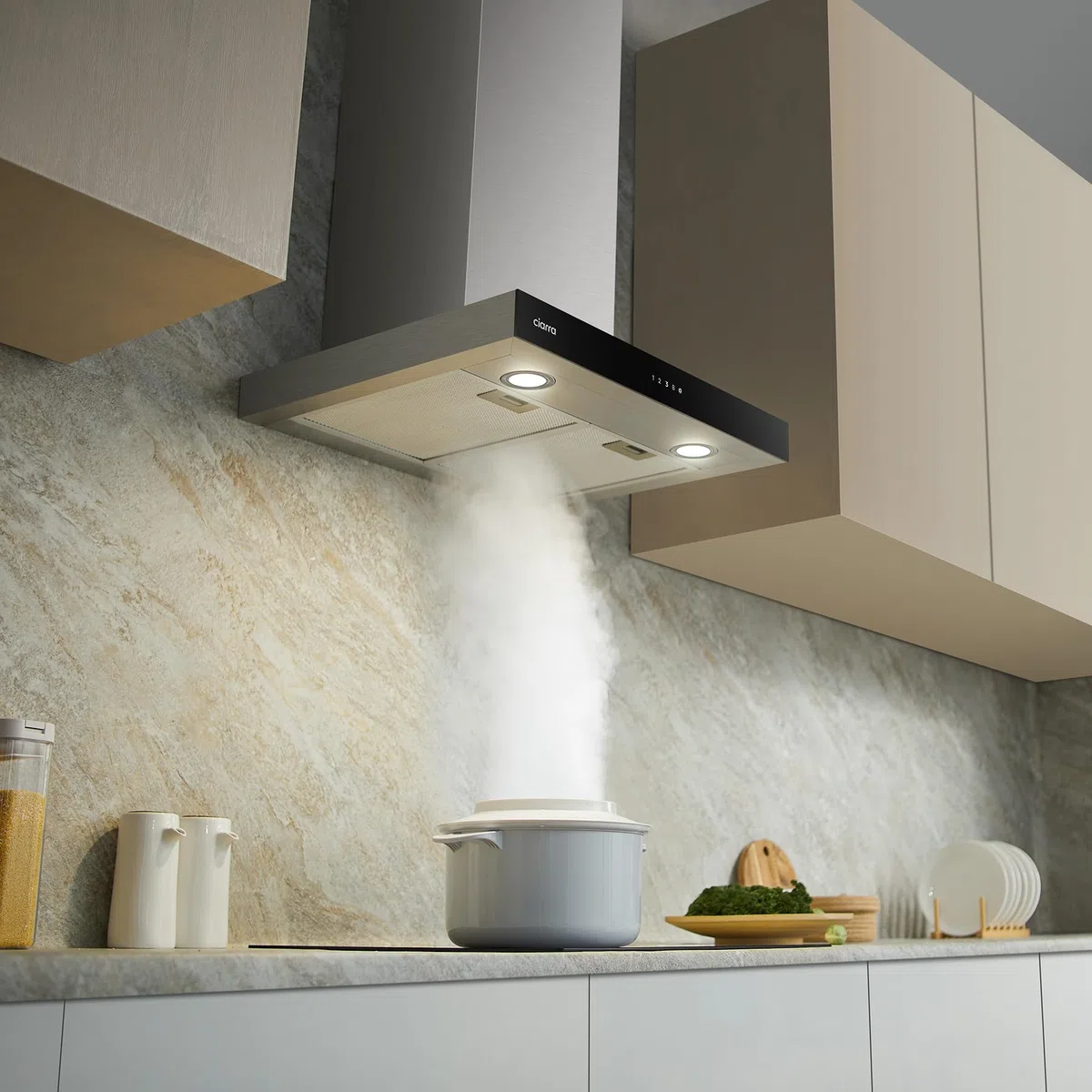 CIARRA CBCS6102 Classe A+++ Cappa Aspirante 60 cm 650 m³/h Touch Control 4 Livelli Inclusa Booster Scarico Ricircolo Aria Montaggio a Parete Acciaio Inox con Filtri Carbone CBCF003