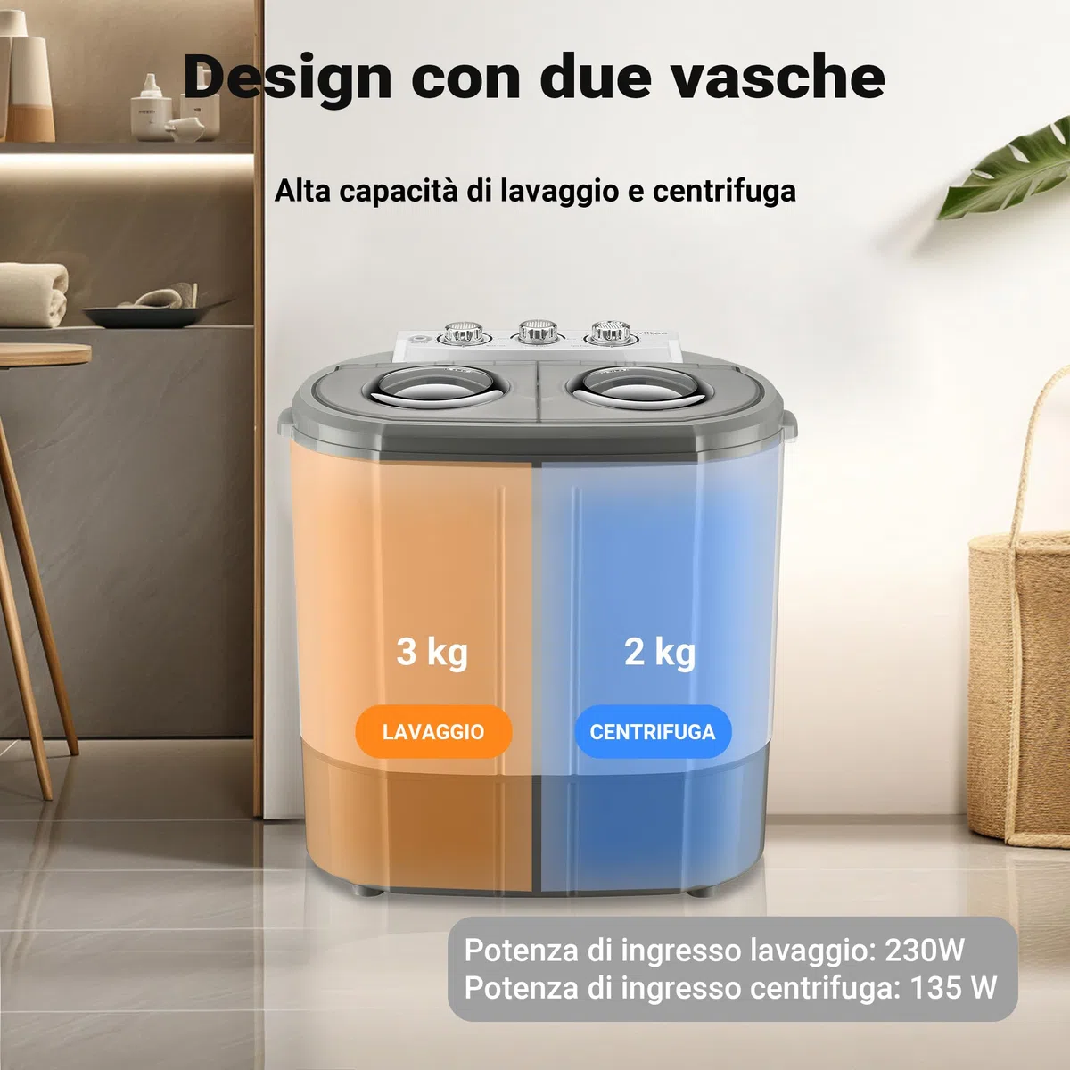 Wiltec Lavatrice da camper 230 W 60 x 36 x 60 cm, lavatrice portatile con centrifuga, lavatrice da campeggio Capacità di lavaggio 3 kg/centrifuga 2 kg