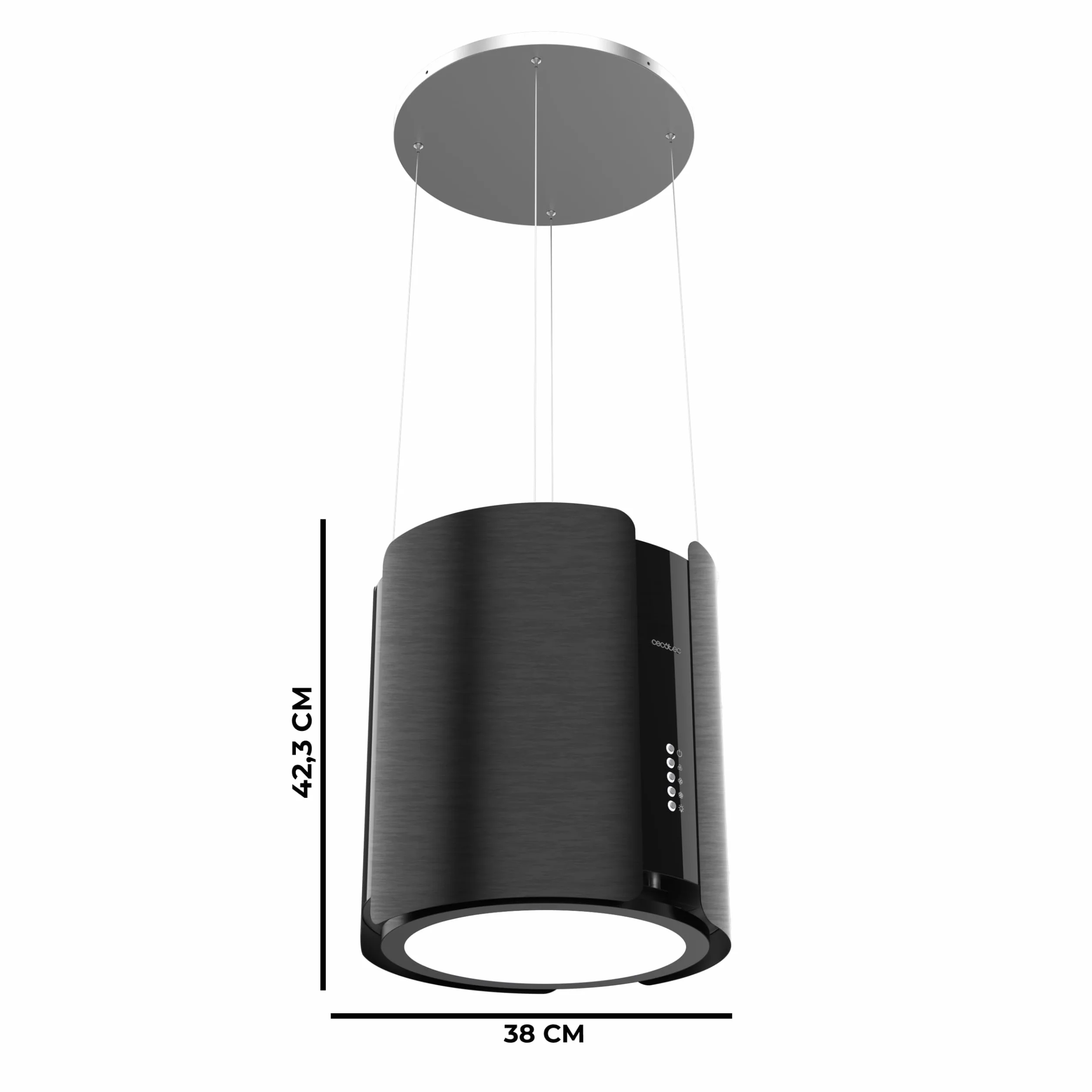 Cecotec Cappa a Isola Rotonda 38 cm Bolero Flux CRE 385500 Black A+. Portata 591,2 m³/h, Motore DC, Comandi Elettronici, Filtro Carbone, Classe A+, Finitura Acciaio Nero