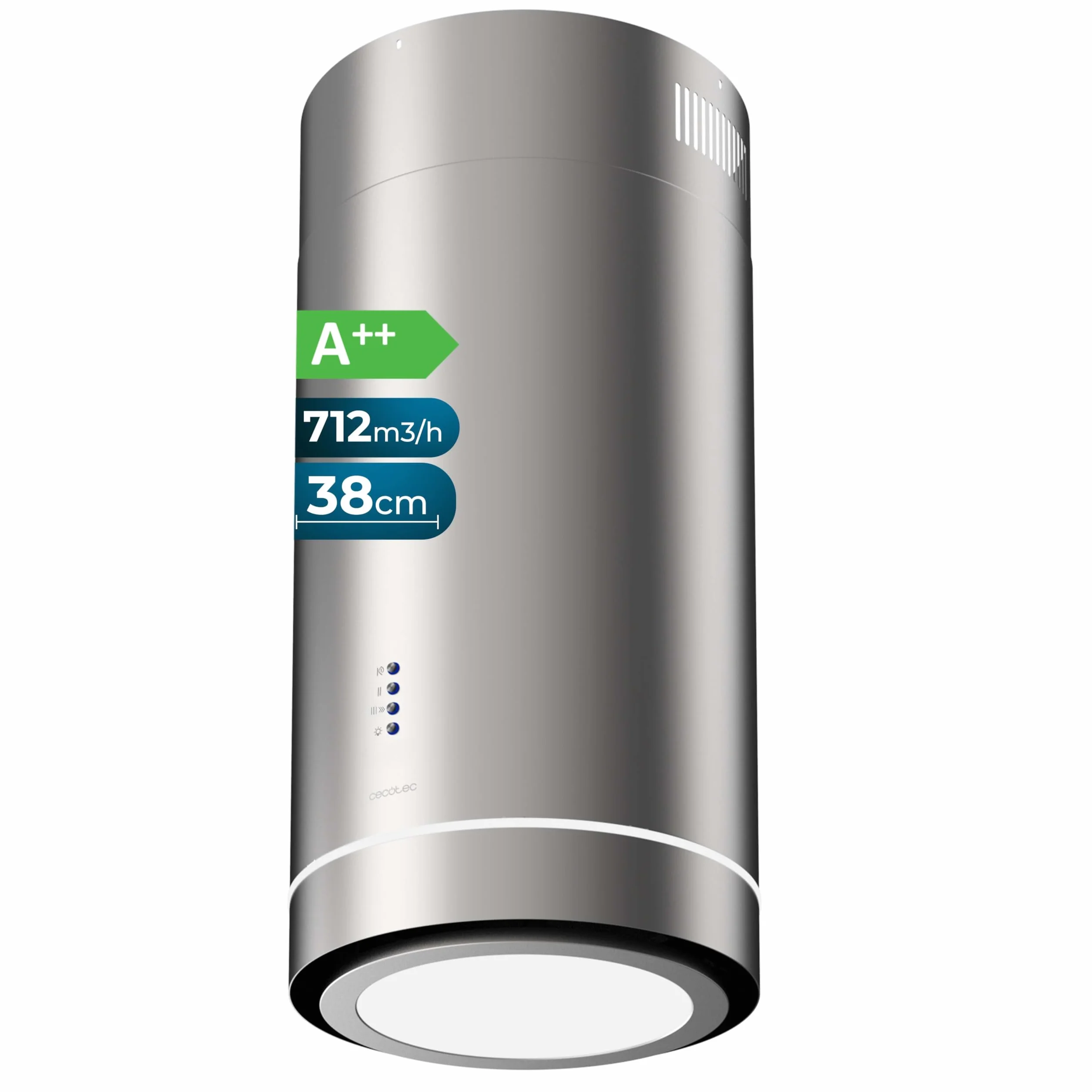 Cecotec Cappa Aspirante Isola Rotonda 38cm Bolero Flux Ire 388000 Inox A++. Aspirazione 712m3/h, Motore 210W, Controllo Elettronico, Pannello LED, Filtro Carbone, Design Elegante Inox