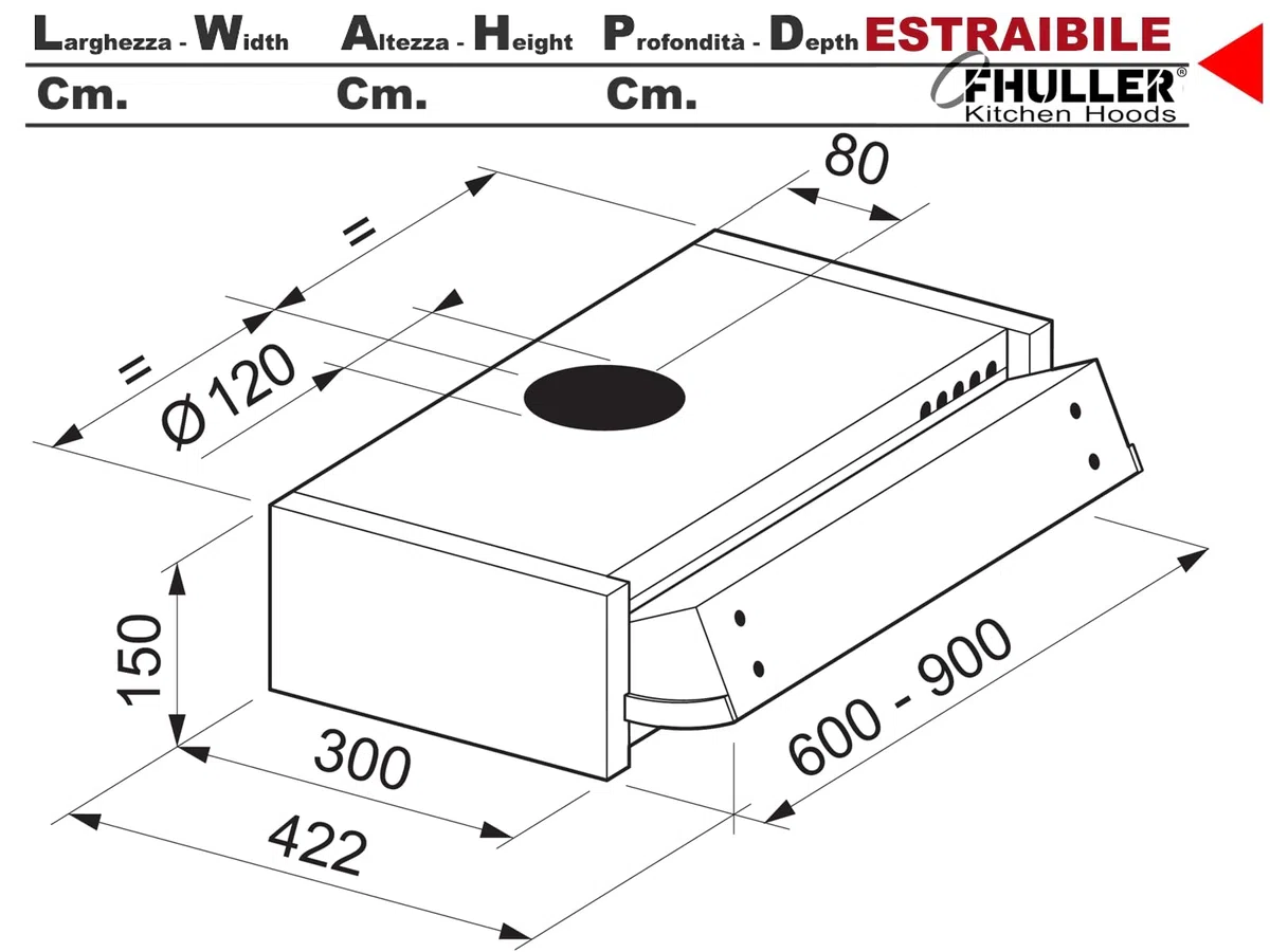 Cappa ESTRAIBILE PLUS Gruppo Incasso 60 Sottopensile Tecnowind K104R0077 Motore 320 m³/h Classe C SENZA FRONTALINO Illuminazione a LED 2,5 E14 Comando Meccanico Filtro Metallico