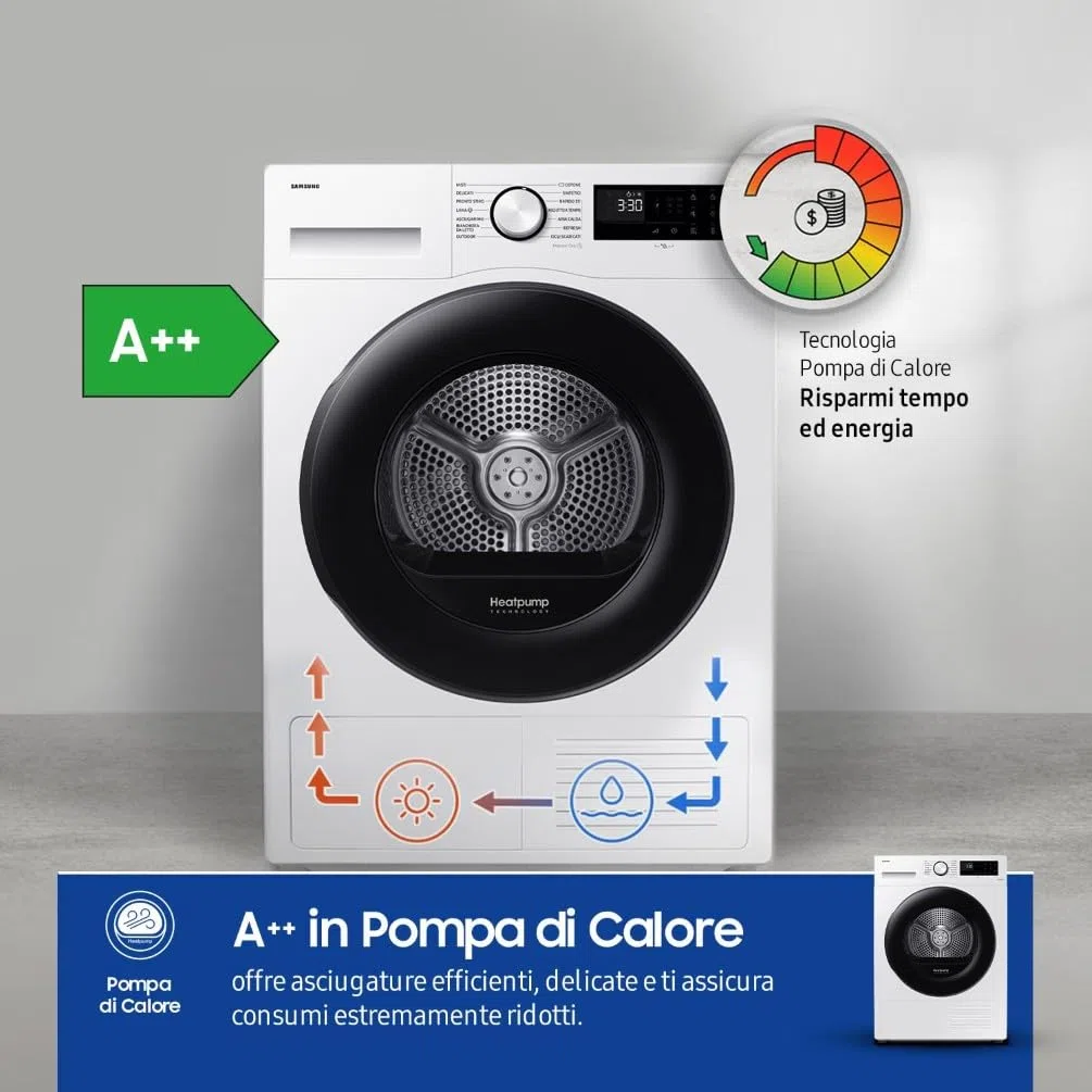 Samsung Asciugatrice Crystal EcoDry DV90CGC0A0AE/ET 9 Kg, Pompa di Calore, Wifi, Sensore Optimal Dry, Filtro 2 in 1, Carica Frontale, 60L x 80H x 65P cm