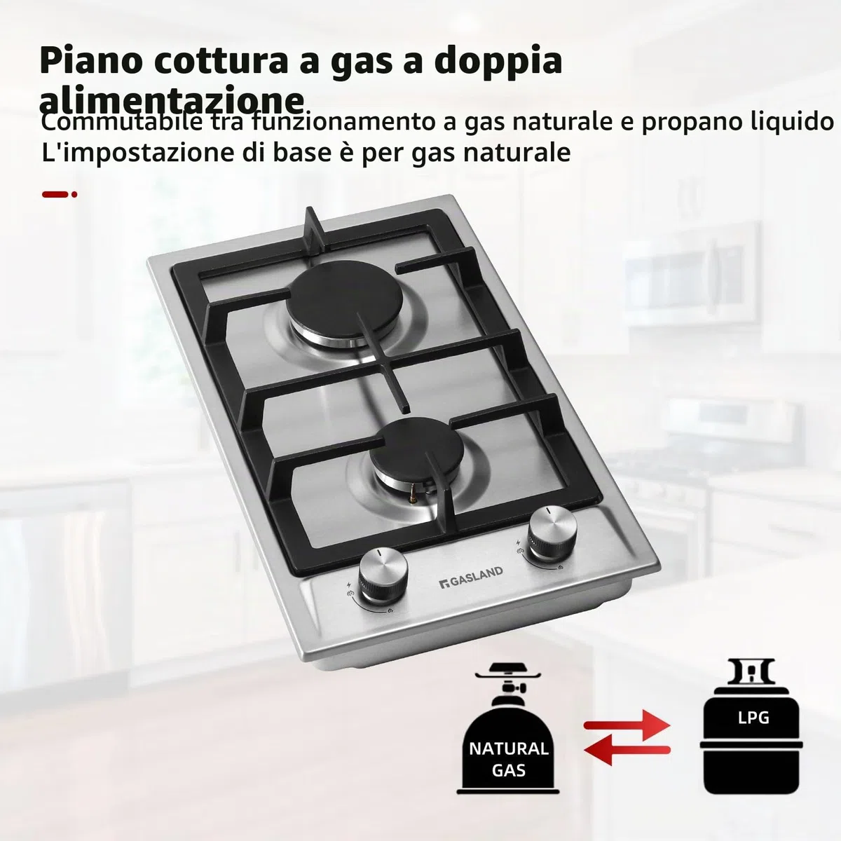 GASLAND GH30SF piano cottura a gas da incasso 2 fuochi 30 cm 4200 W acciaio inossidabile GPL/gas naturale