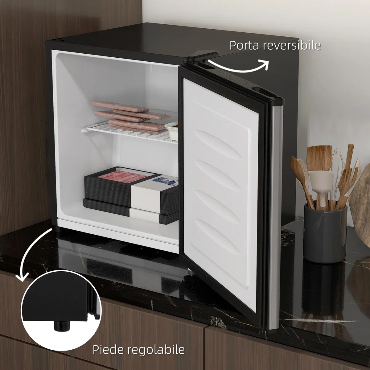 HOMCOM Mini Congelatore 35L, Congelatore Piccolo Silenzioso, Porta Reversibile, Libera Installazione, Temperatura Regolabile -14 ℃- -24℃, Ripiano Rimovibile, Freezer per Ufficio Hotel, 47x44.2x48.8 cm