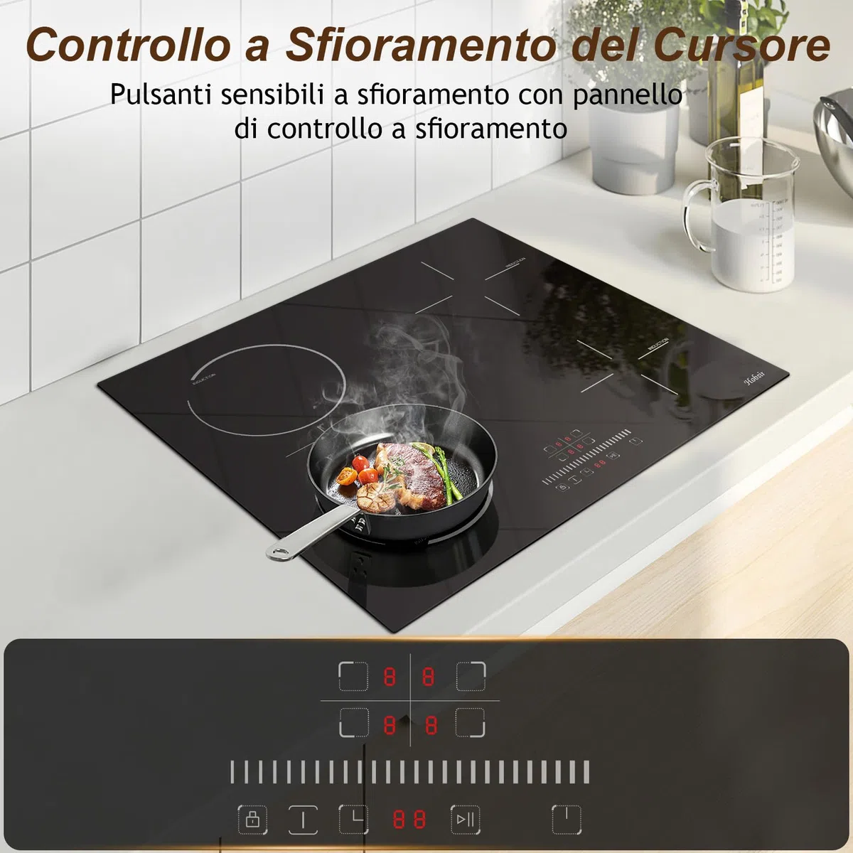 Hobsir Piano Cottura a Induzione con Spina, Piano Cottura Induzione 4 Fuochi, 3500W, Piano Cottura da Incasso Con Zona Flex, Blocco per Bambini, Comando Touch a Scorrimento