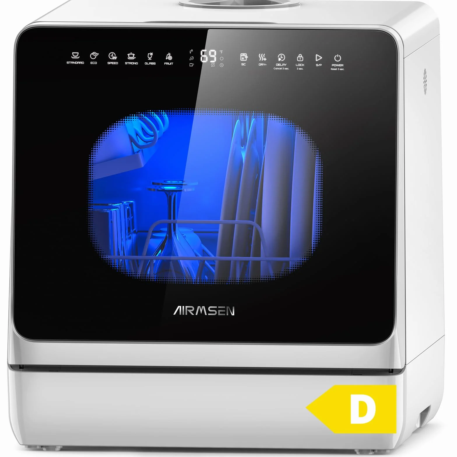 AIRMSEN Mini Lavastoviglie da Tavolo, lavastoviglie portatile da 5L, 8+3 Programmi, Avvio Ritardato 1–18 h, Sistema di Addolcimento e Blocco Bambini
