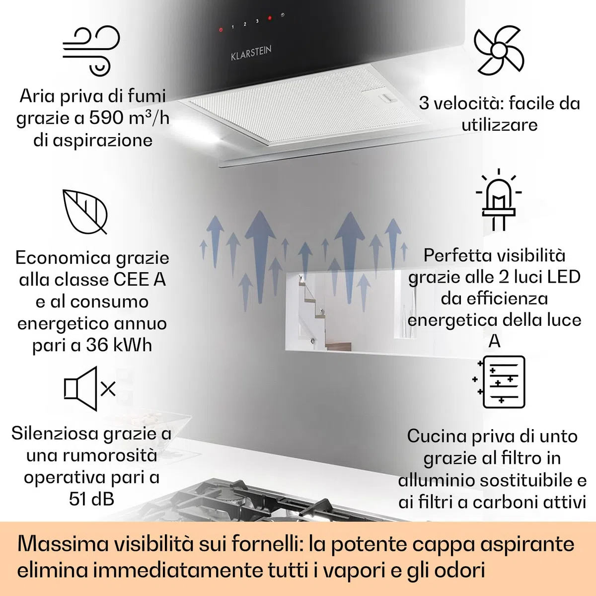 Klarstein Cappa Isola Sospesa, Cappa Cucina con Timer, Flusso d'Aria di 590m³/h, Cappa Sospesa per Isola Cucina con 3 Modalità e Filtri Antigrasso, Cappa Isola Sottopensile con Filtri a Carboni Attivi