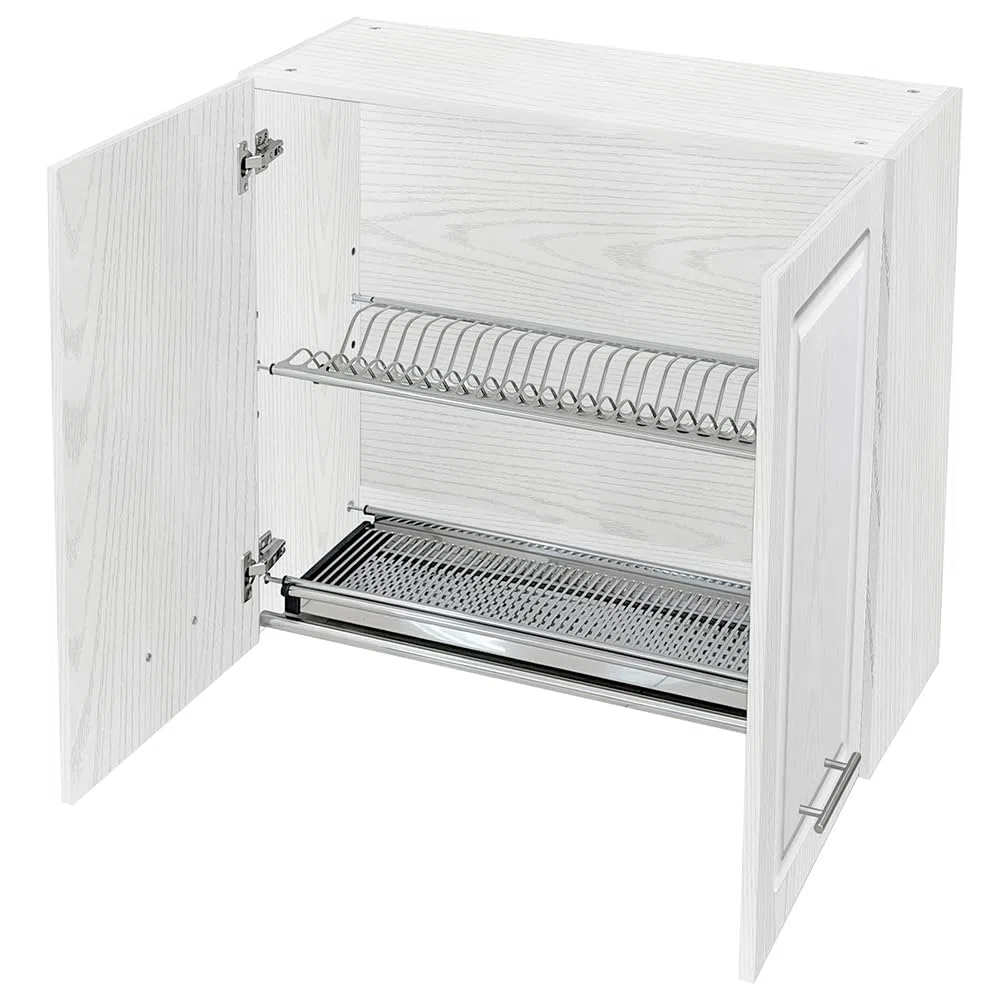 Shally Dogan Pensile Scolapiatti con Vassoio Salvagoccia da Cucina Design Boiserie, Mobile a Parete in Legno Resistente Armadio Sospeso con Due ante e Due Ripiani, 80 x 32 x 72H cm (Bianco Frassianto)