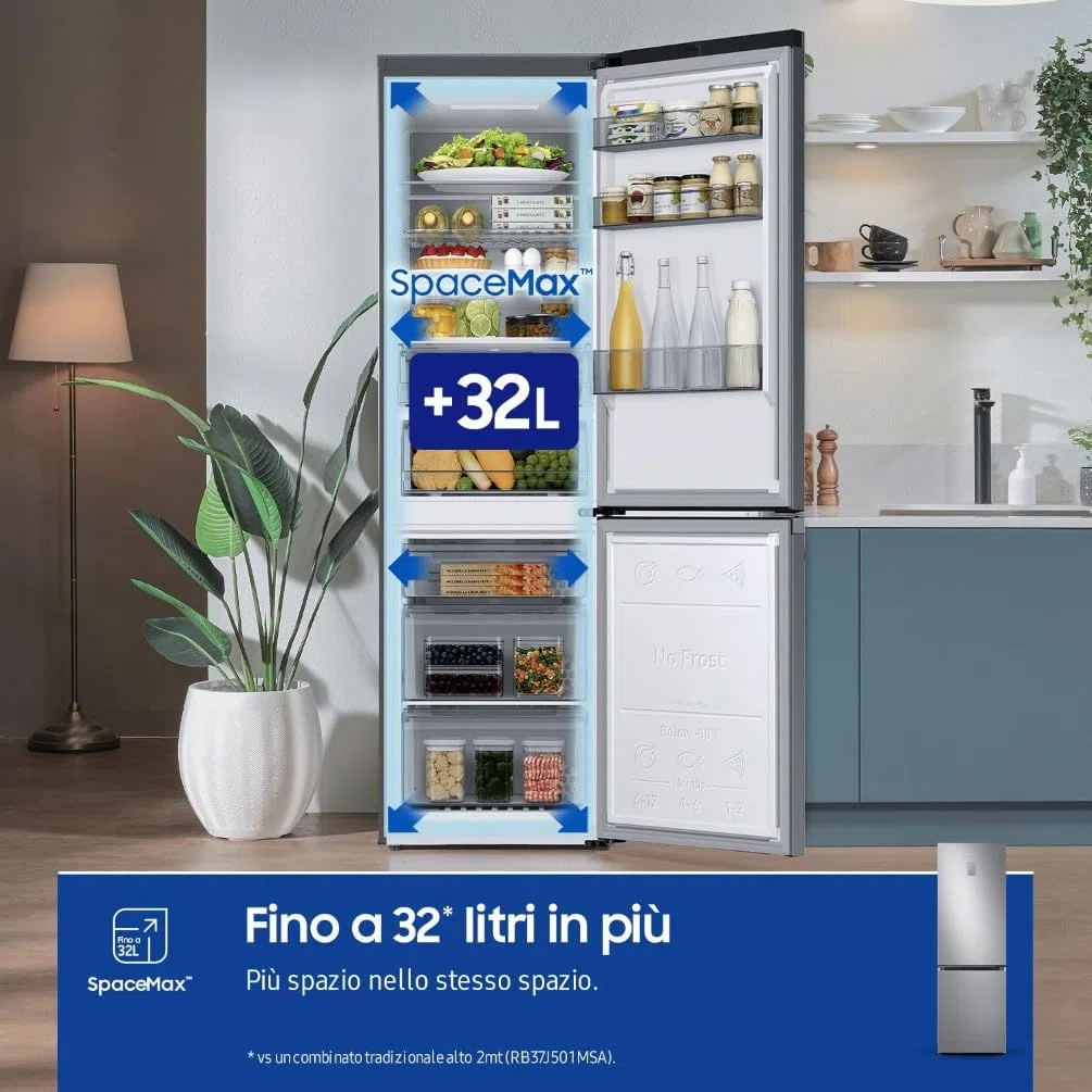 Samsung EcoFlex AI RB34C775CS9/EF Frigorifero Combinato, WiFi, SpaceMax, Total No Frost, All Around Cooling, Motore Digital Inverter Garantito 20 Anni, 344 L, LxAxP: 59,5 x 185,3 x 65,8 cm, Metal Inox