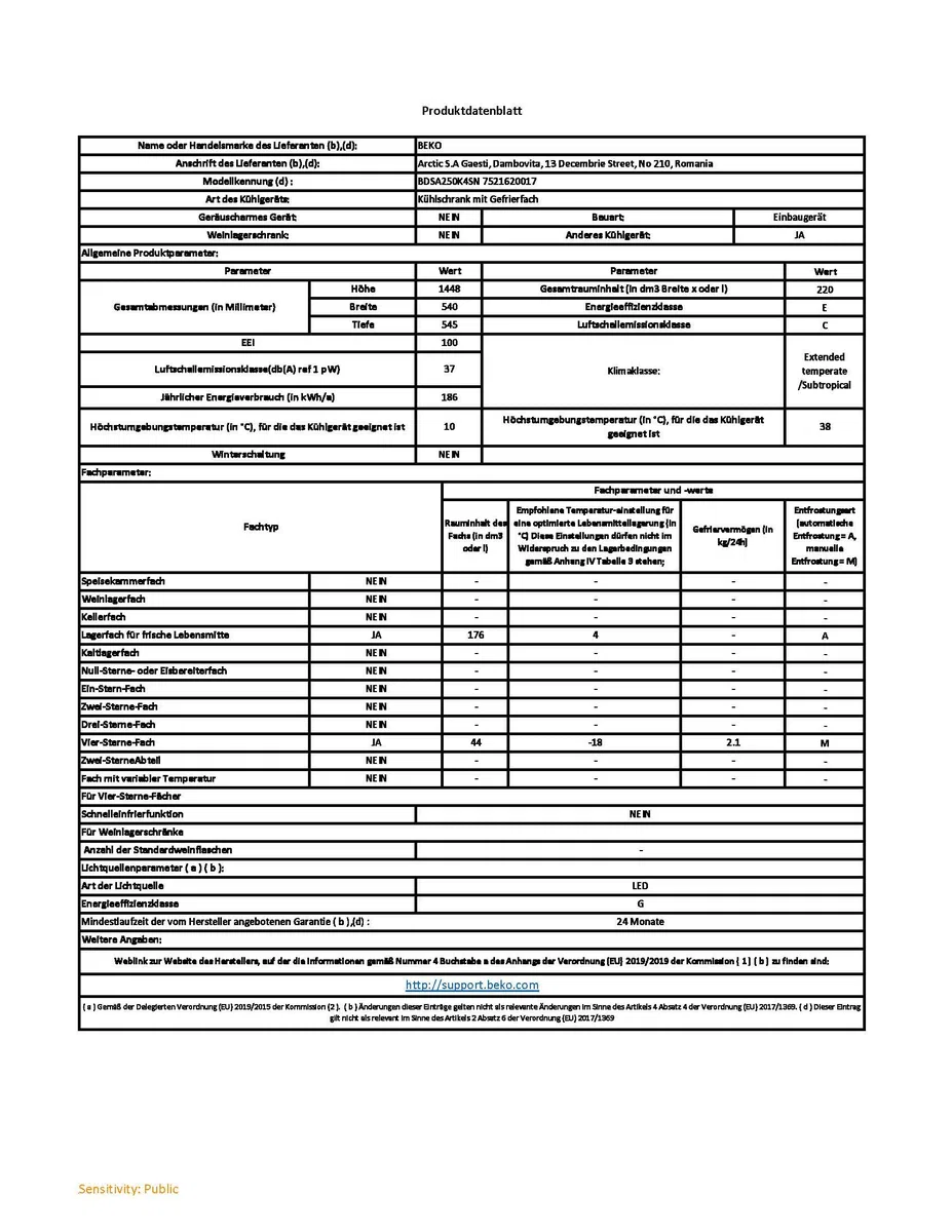 Beko BDSA250K4SN b100 - Frigorifero/congelatore integrabile, capacità 220 l, raffreddamento 176 l, congelamento 44 l, nicchia 145, tecnologia porta a traino, 37 dB, dispositivo da incasso, bianco