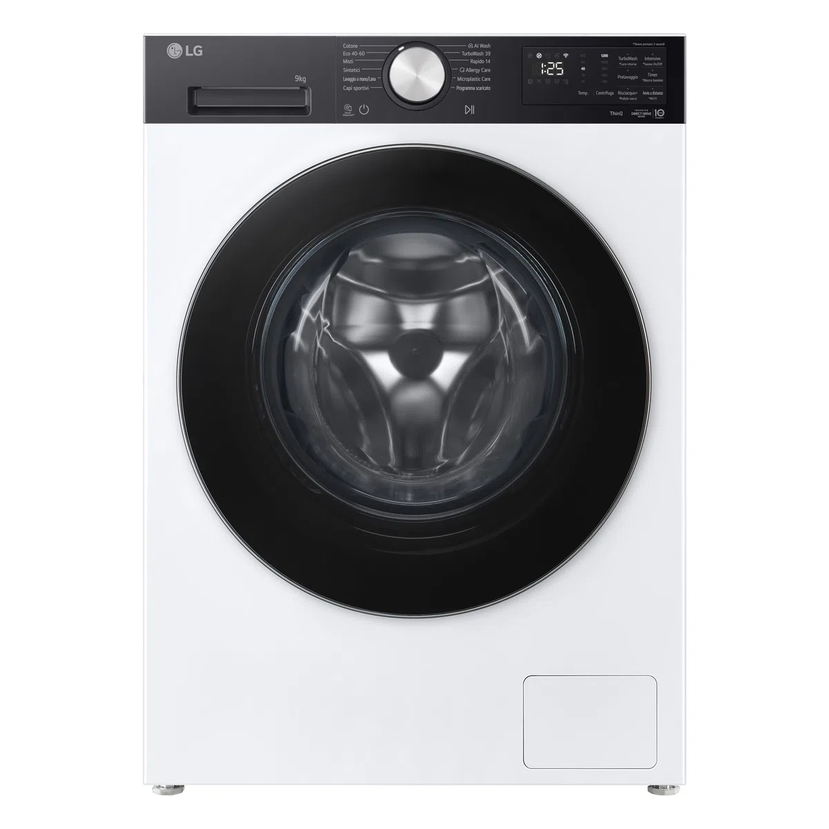 LG F2NX50S9TKC Lavatrice Slim 9 kg Next AI DD, Classe A -30%, 1200 Giri, Programma AI Wash con Intelligenza Artificiale, Wi-Fi, Allergy Care, TurboWash 360, Serie X5, White Black Pannel e Silver Knob