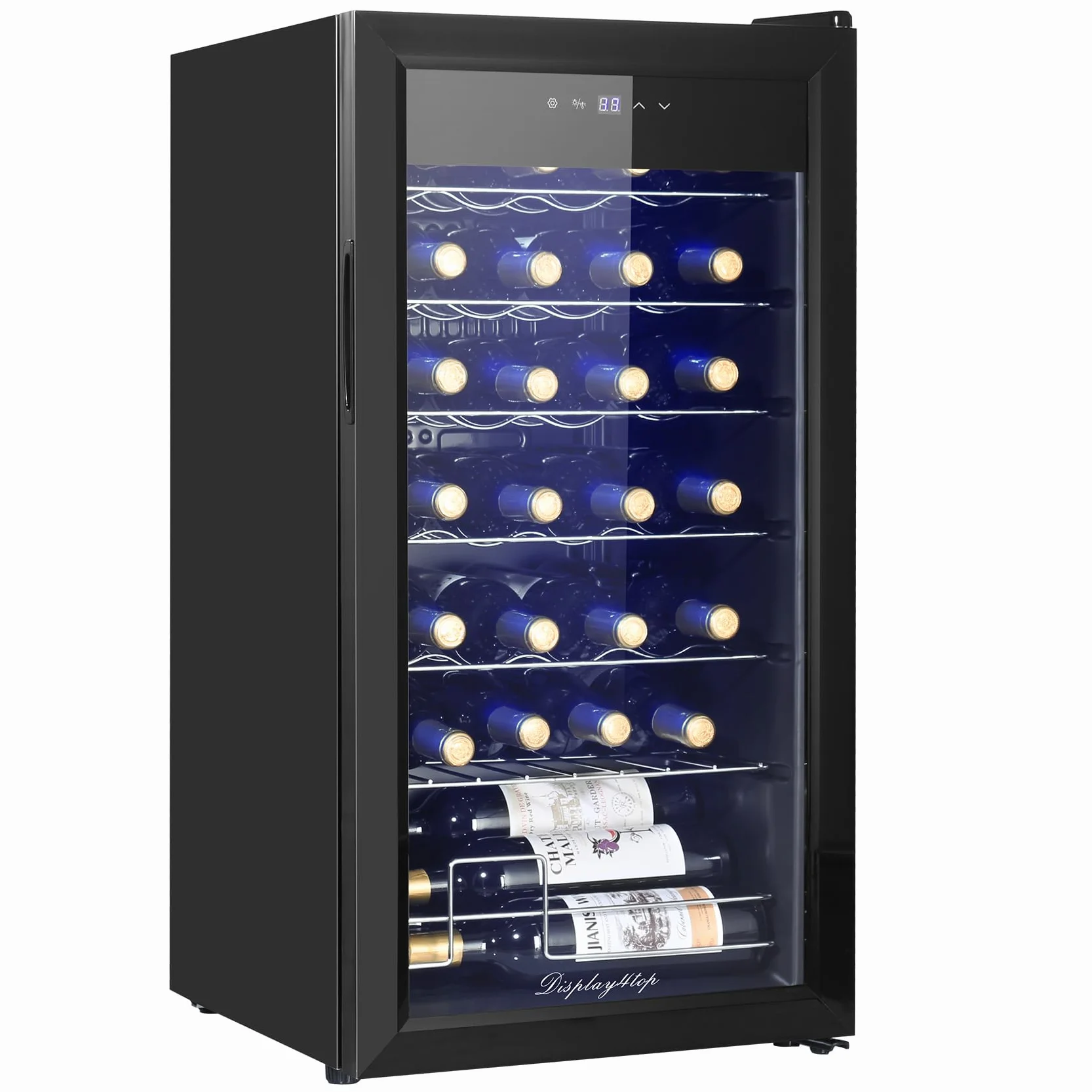 Display4top Frigorifero Cantinetta Frigo per Vini e bevande, Supporta 28 bottiglie, Porta in vetro temperato, termostato pannello touch(82L)