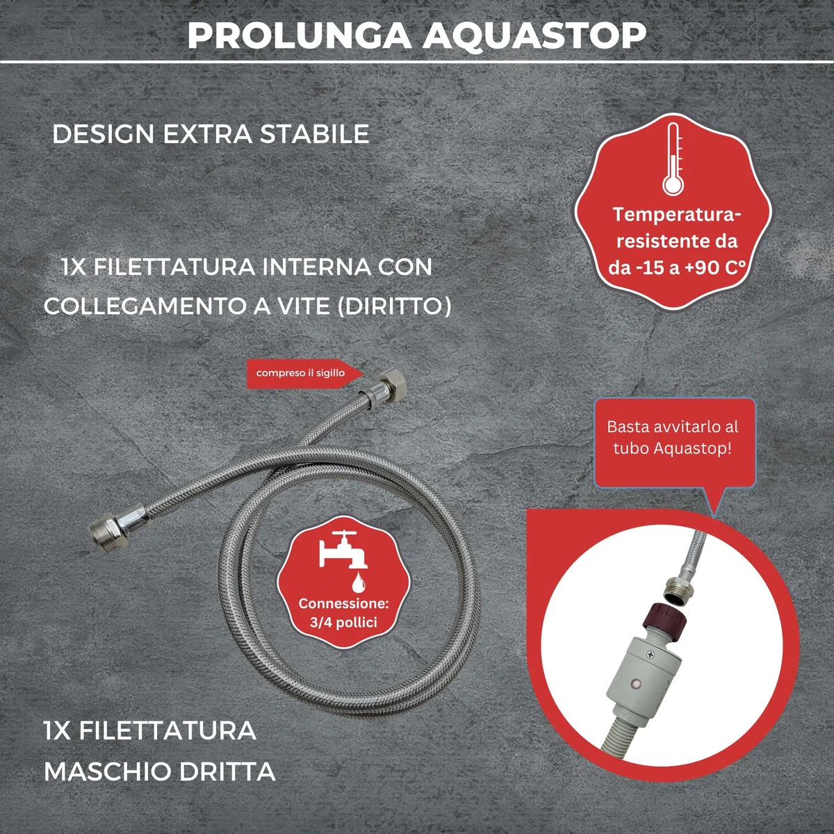 LICHTBLAU Estensione Aquastop in acciaio inox antipiega, 1,5m, attacco 3/4", per lavatrice e lavastoviglie, tubo corazzato dritto/dritto, con guarnizione, universale utilizzabile