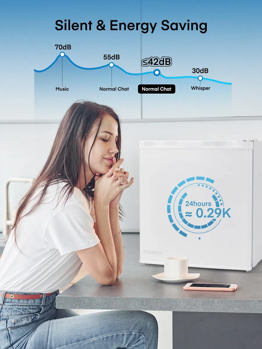 FOHERE Mini Frigo, 46 Litri, Frigorifero Hotel, Ufficio, Casa, Classe Energetica E, Silenzioso, Libera Installazione, Compatto, Termostato Regolabile, Porta Reversibile, Bianco