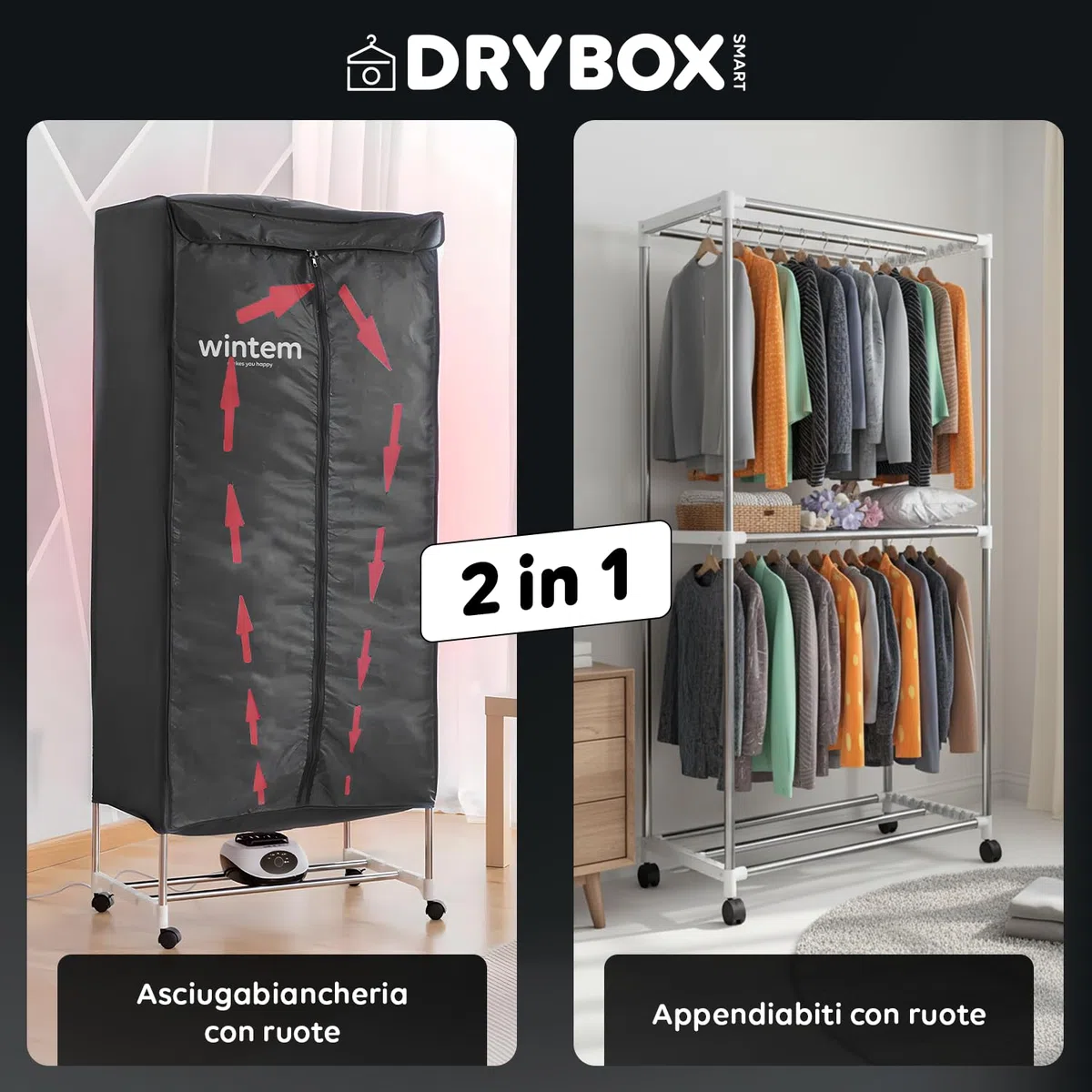 Asciugabiancheria Asciugatrice ad Aria Rettangolare 1000W con Timer 4 Ore, Telo di Copertura e Telecomando, Multiuso come Stendibiancheria Elettrico e Armadio Portatile fino a 15-20KG di Bucato