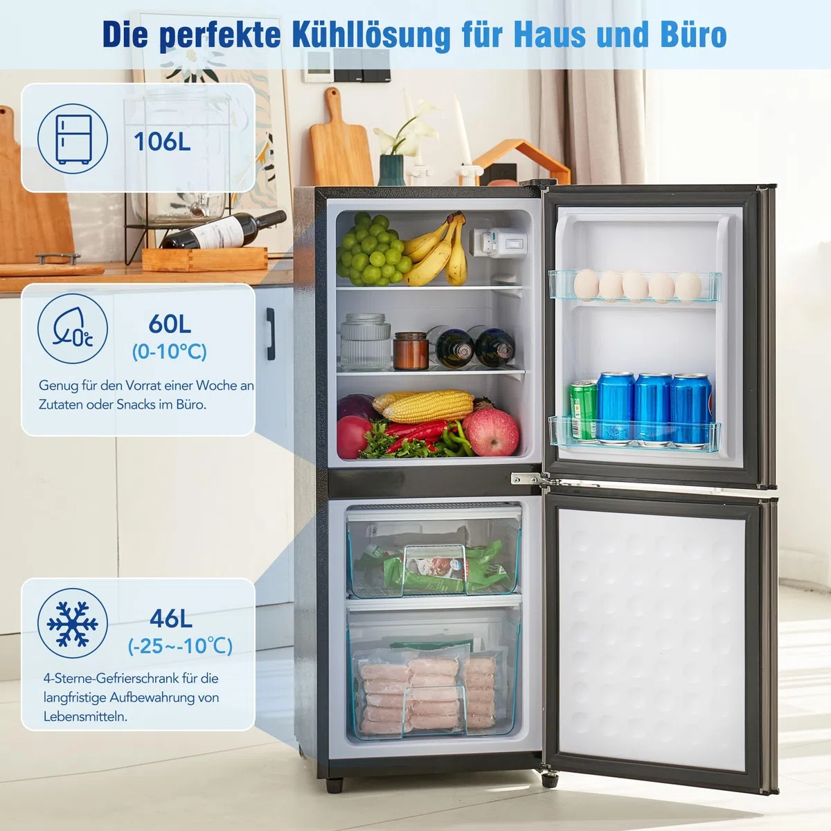 Gegtuon Frigorifero 106L, Frigo con Illuminazione a LED e Divisorio per Ripiani, Professional Frigo Bar Refrigerata con Congelatori e Porta Verstellbare per Cucina Ufficio, Classe E, 220-240V, Argento