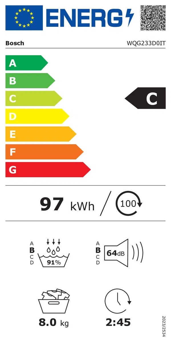 Bosch WQG233D0IT Serie 6 Asciugatrice smart a pompa di calore, 8 kg, Classe energetica C, Sensori di asciugatura intelligenti, Programma Hygiene Plus, Cestello per capi in lana,Bianco, 60 Cm