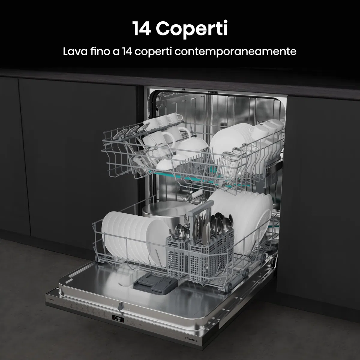 Hisense HV642D65 NUOVA Lavastoviglie da Incasso 60 cm, 14 Coperti, Apertura Porta Automatica, Cesti Flessibili, 6 Programmi, Classe Energetica D