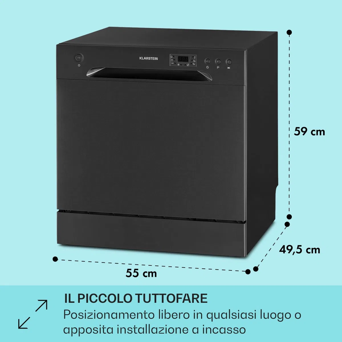 Klarstein Lavastoviglie 8 Coperti, Libera Installazione Silenziosa con 6 Programmi di Lavaggio, Lavastoviglie Mini da Tavolo Compatta e Facile da Installare, Acciaio inossidabile, Antracite