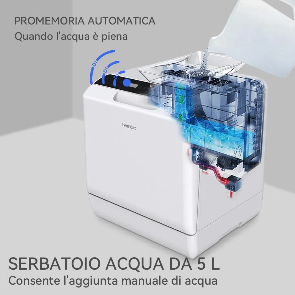 Hermitlux Lavastoviglie piccola con 4 Coperti, 6 Programmi lavastoviglie mini, Controllo touch, utilizzabile in Campeggio, Cucina, Ufficio, Bianco