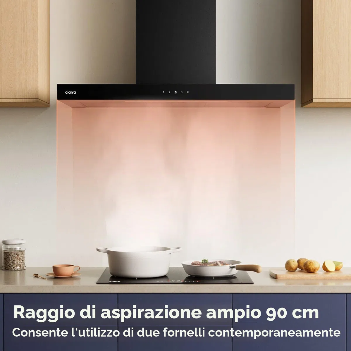 CIARRA A+++ CBCB9102 - Cappa aspirante 90 cm, con applicazione touch, 650 m³/h, 4 livelli Filtro Carbone