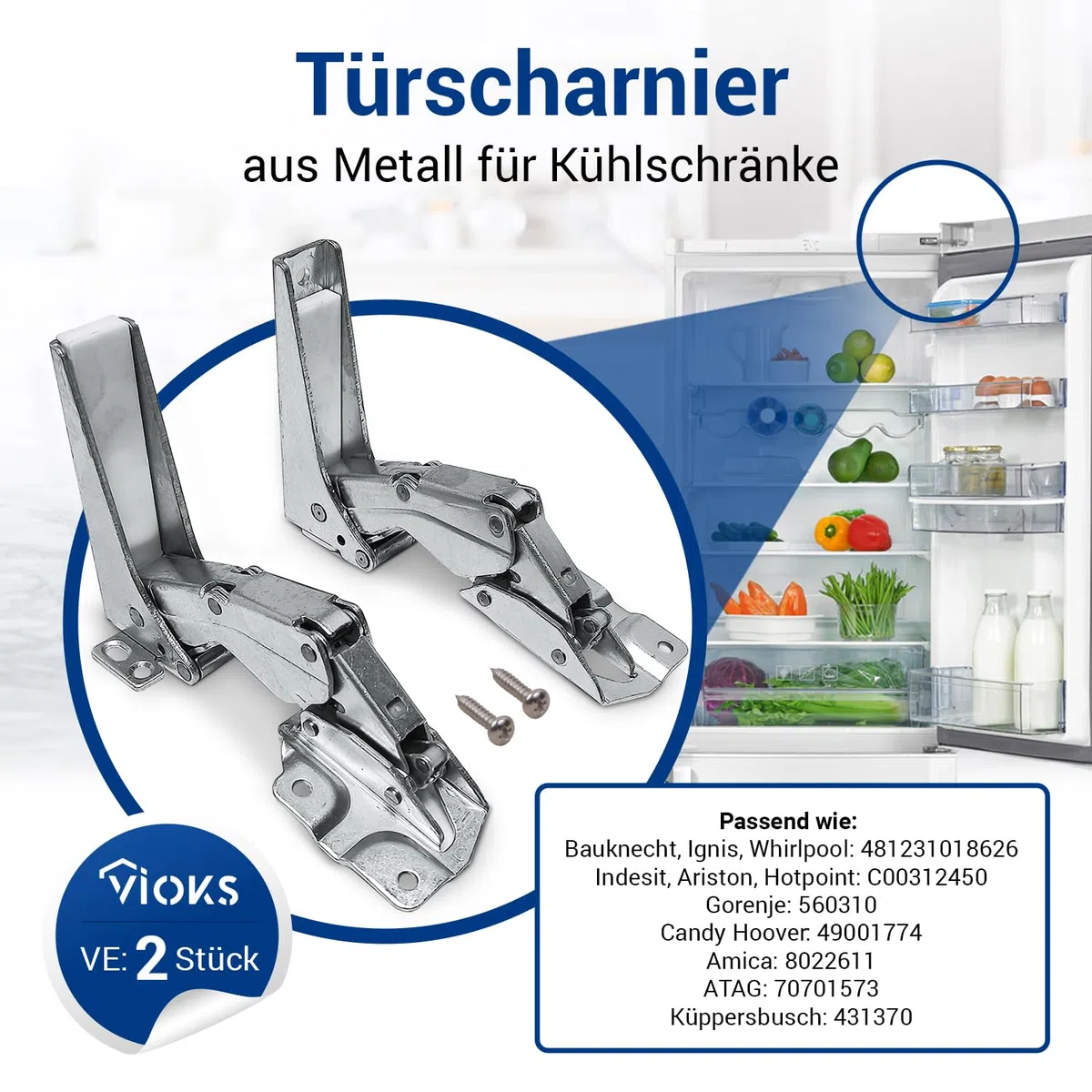VIOKS Set di cerniere per porta superiore + inferiore di ricambio per Whirlpоol Bauknеcht Ignis 481231018626 488000636779 Indesit Hotpoint C00312450 Cerniera per porta del frigorifero con kit di