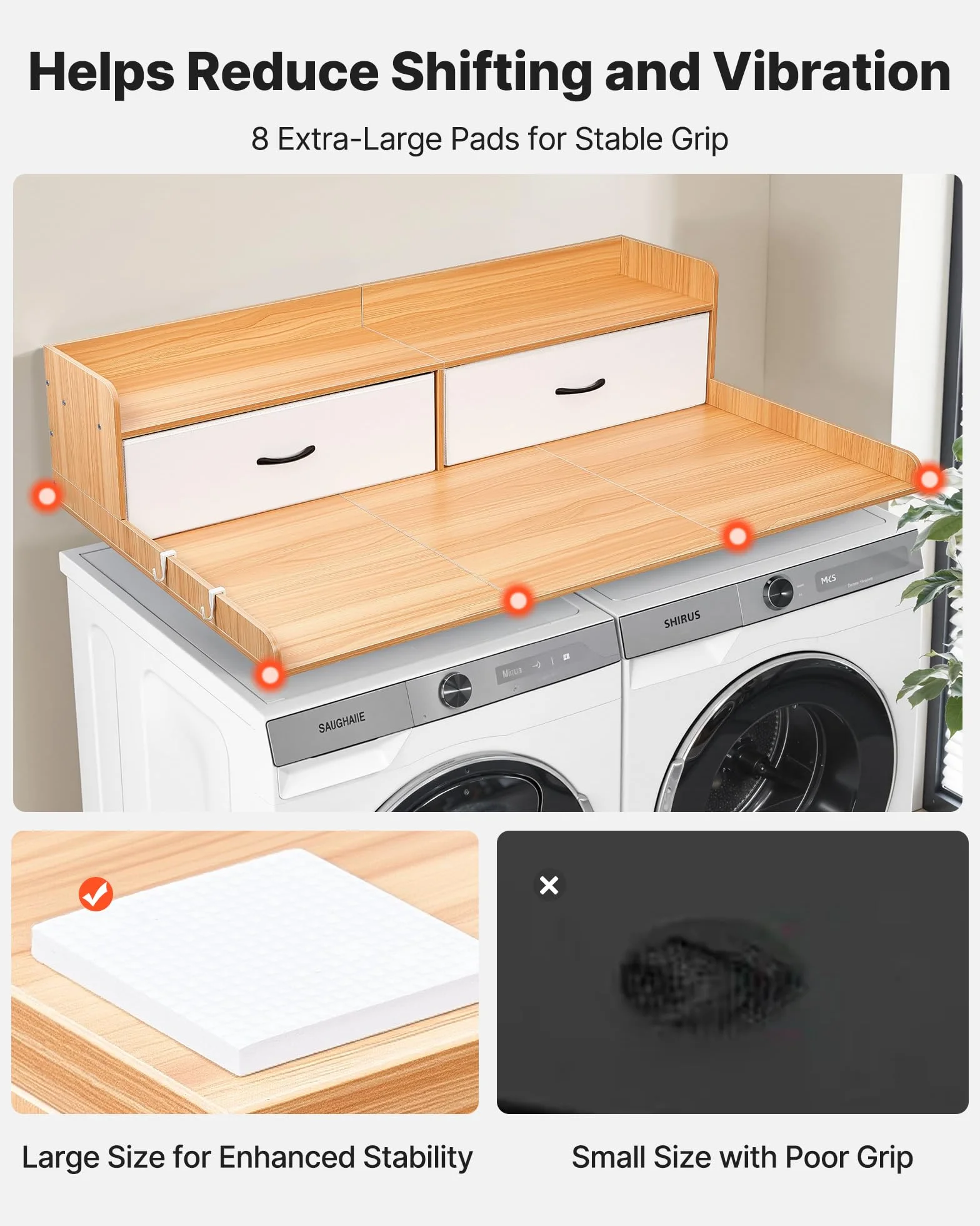 VEVOR Piano di Lavoro per Lavatrice e Asciugatrice con Ripiano 137 x 69,9 cm, Piano d'Appoggio con 2 Cassetti Integrati e 2 Ganci, Struttura in Legno per Zona Lavanderia con Ampia Superficie di Lavoro