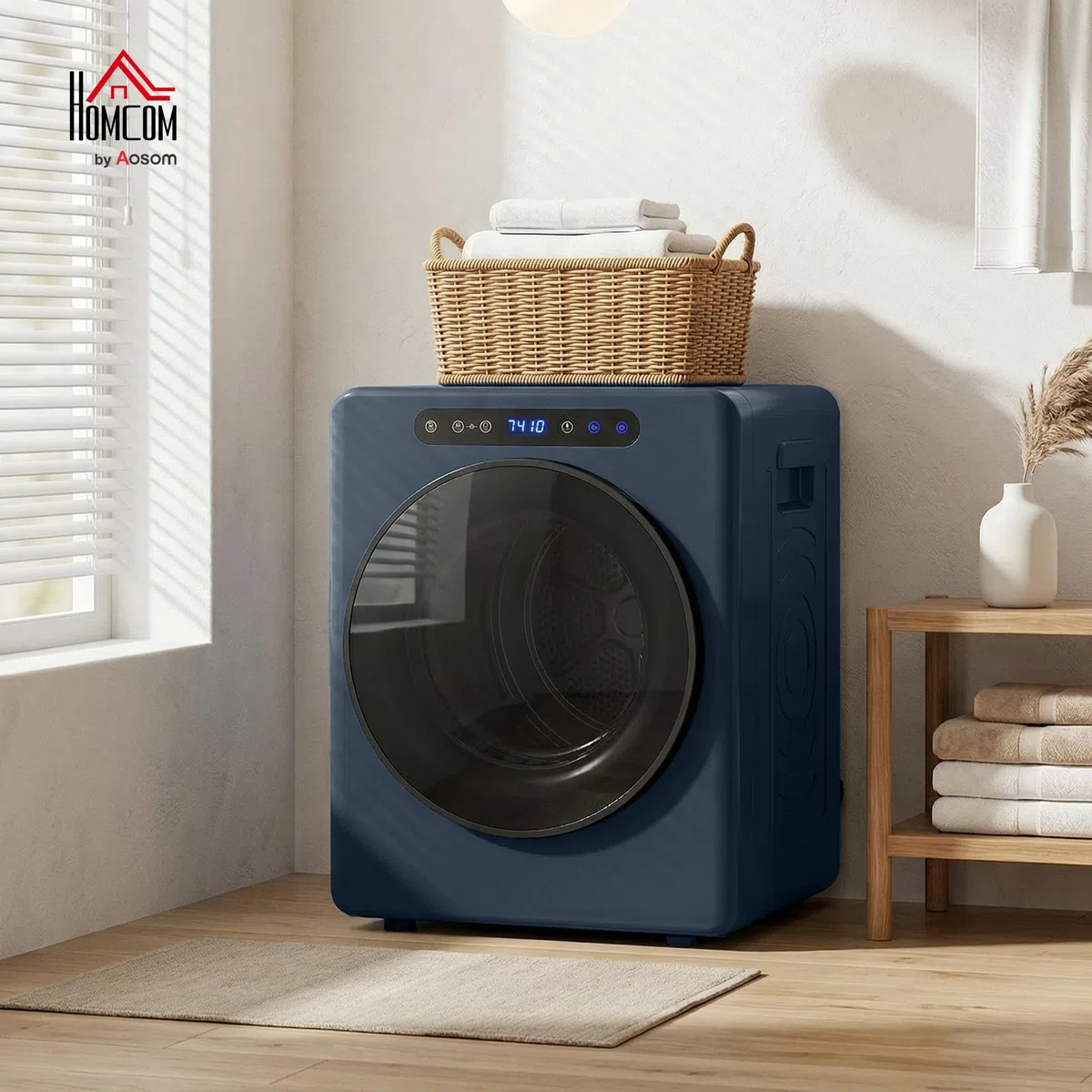 HOMCOM Mini asciugatrice di scarico 5 kg con sterilizzazione, 6 programmi fino a 60 ℃, 1000 W asciugatrice con touch screen tamburo in acciaio inox, timer, per camper, casa, blu