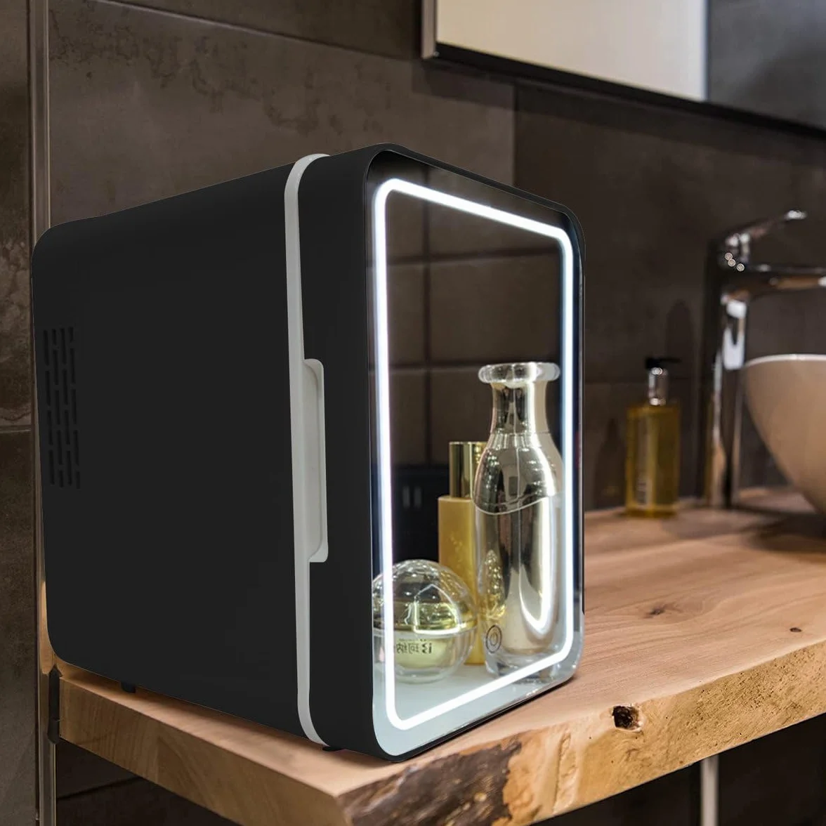 Olvy Frigorifero Cosmetico da 4 Litri, Mini Frigo Portatile con Specchio a LED, Piccolo Frigorifero per Skincare, Raffreddamento e Riscaldamento, per la Camera da Letto, Nero