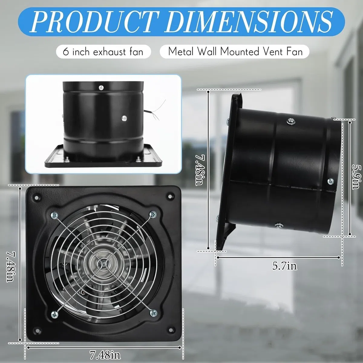 Ventilatore di estrazione da 6 pollici, estrattore d'aria, ventilazione da parete, silenzioso, bagno, garage, 40 W, 220 V, ventilo 1100 m³/h, flusso d'aria e 50~60 dBA