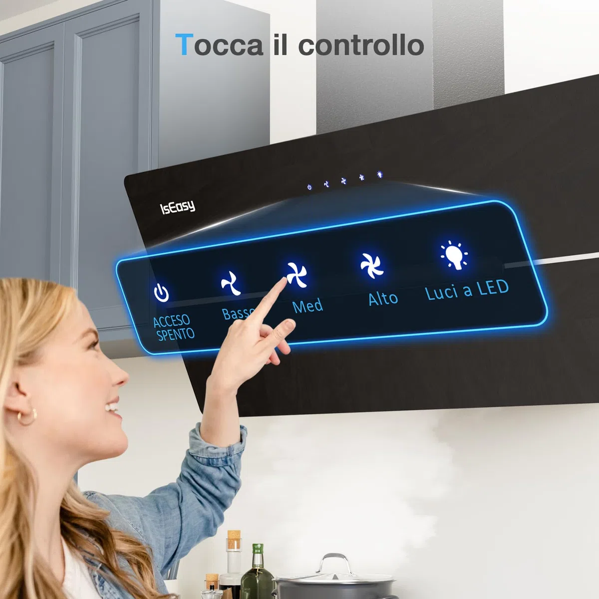 IsEasy Cappa Aspirante 90cm Inclinata, Cappa Cucina di Scarico/Ricircolo con 578 m³/h Forte Potenza di Aspirazione, 3 Livelli di Regolazione, 58 dB, Funzionamento Touch, Nero, Efficienza A++