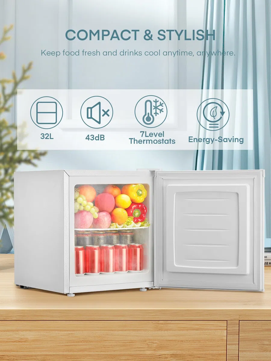 FOHERE 32L Mini Congelatore, Congelatore Piccolo con Porta Reversibile,Silenzioso, 7 Termostato Regolabile, per Hotel/Dormitorio/Appartamento/Ufficio, Nero [Classe di efficienza energetica E]