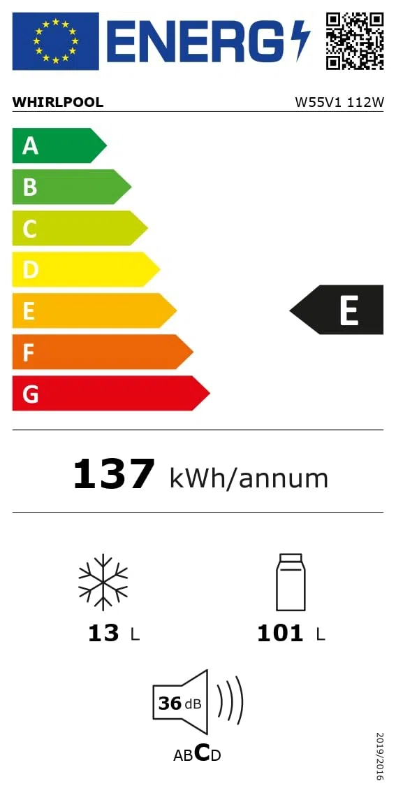 Whirlpool W55V1 112W – Frigorifero Monoporta 114 Litri, Libera Installazione, Sotto Tavolo, Statico, Classe E, Porta reversibile, Congelatore 13 L, Illuminazione LED – Bianco 84 x 54 x 59 cm (AxLxP)