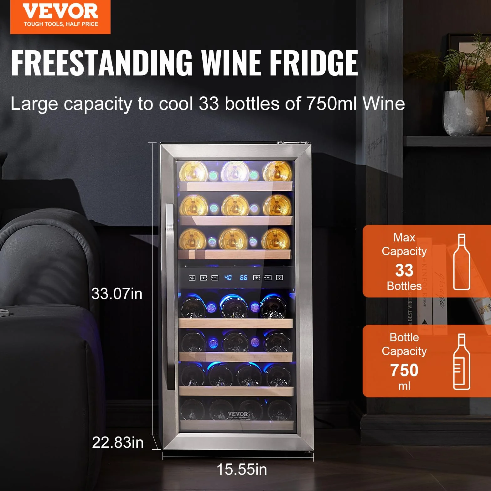 VEVOR Cantinetta per Vini Capienza da 33 Bottiglie, Cantinetta Portabottiglie Doppia Zona, Frigo con Raffreddamento ad Aria Circolante Controllo Digitale, Protezione UV, per Vino Rosso e Bianco