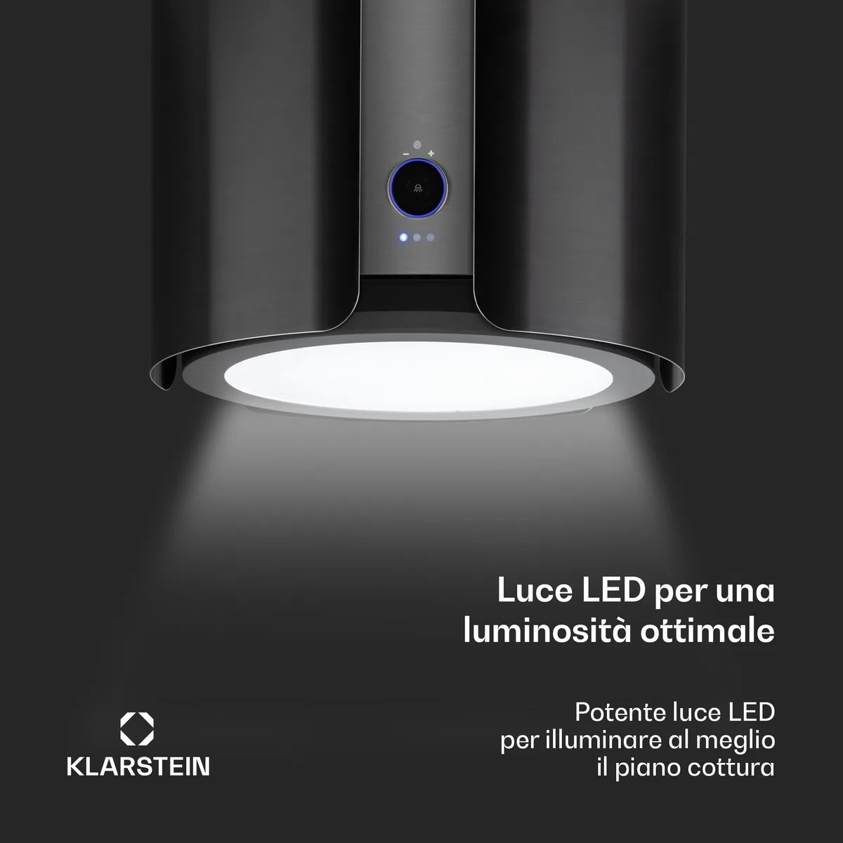 Klarstein Skyfall Smart - Cappa a Isola, Controllo Manuale o per App, 45 x 42 cm (ØxL), Sospesa, Ricircolo/Scarico, 3 Livelli, 402 m³/h, 200 W, Luce LED, Classe Energetica C, Nero