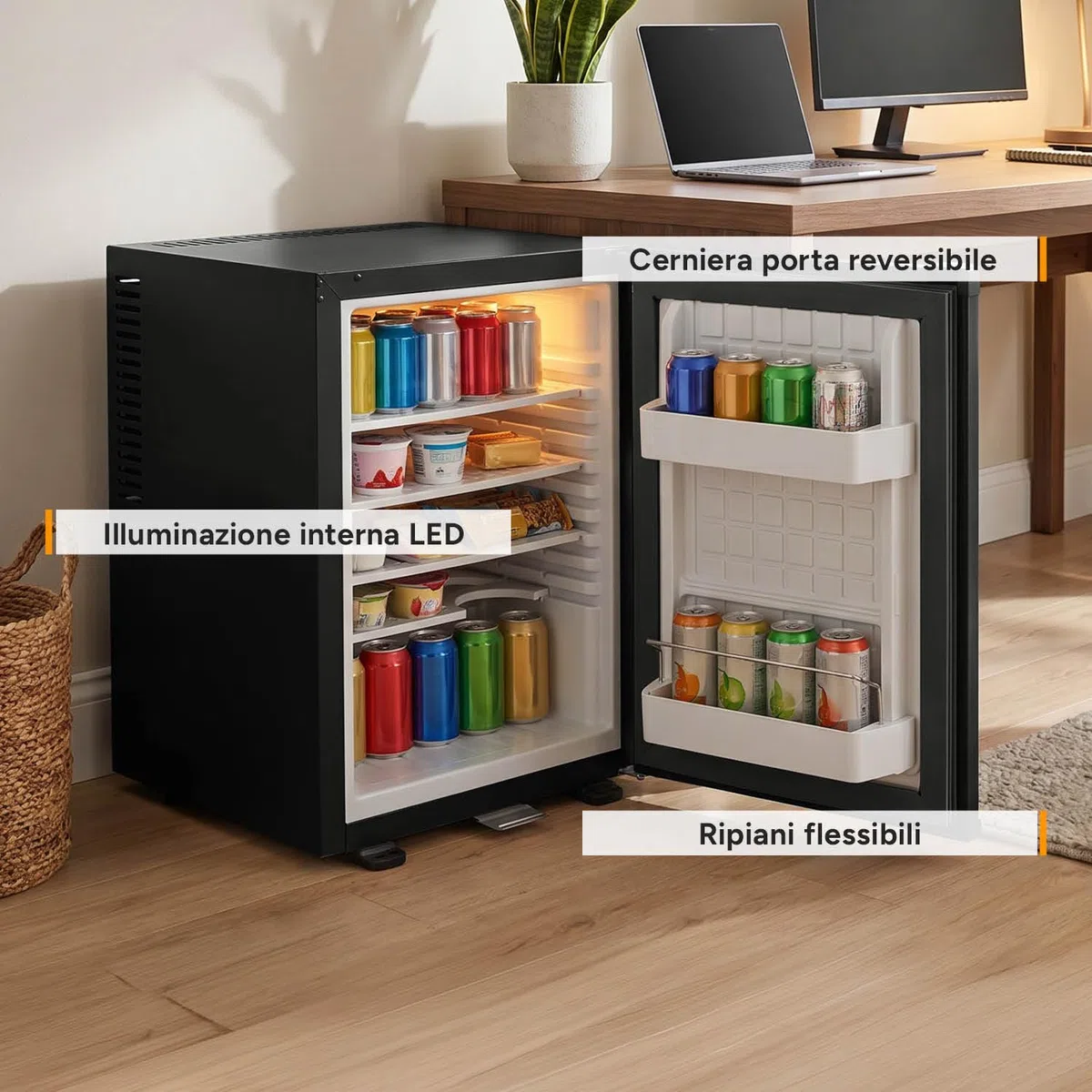 TZS First Austria - Mini Frigorifero 40L silenzioso - Piccolo Minifrigo con porta reversibile e luce interna - Minibar per campeggio, ufficio, camera da letto e hotel - Nero opaco